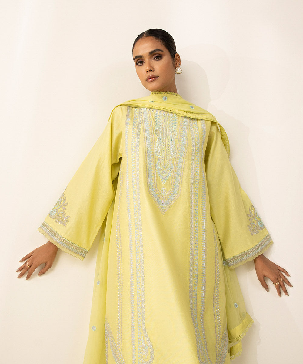 Festive Women's Unstitched Silk Cotton Net Yellow 3 Piece Suit