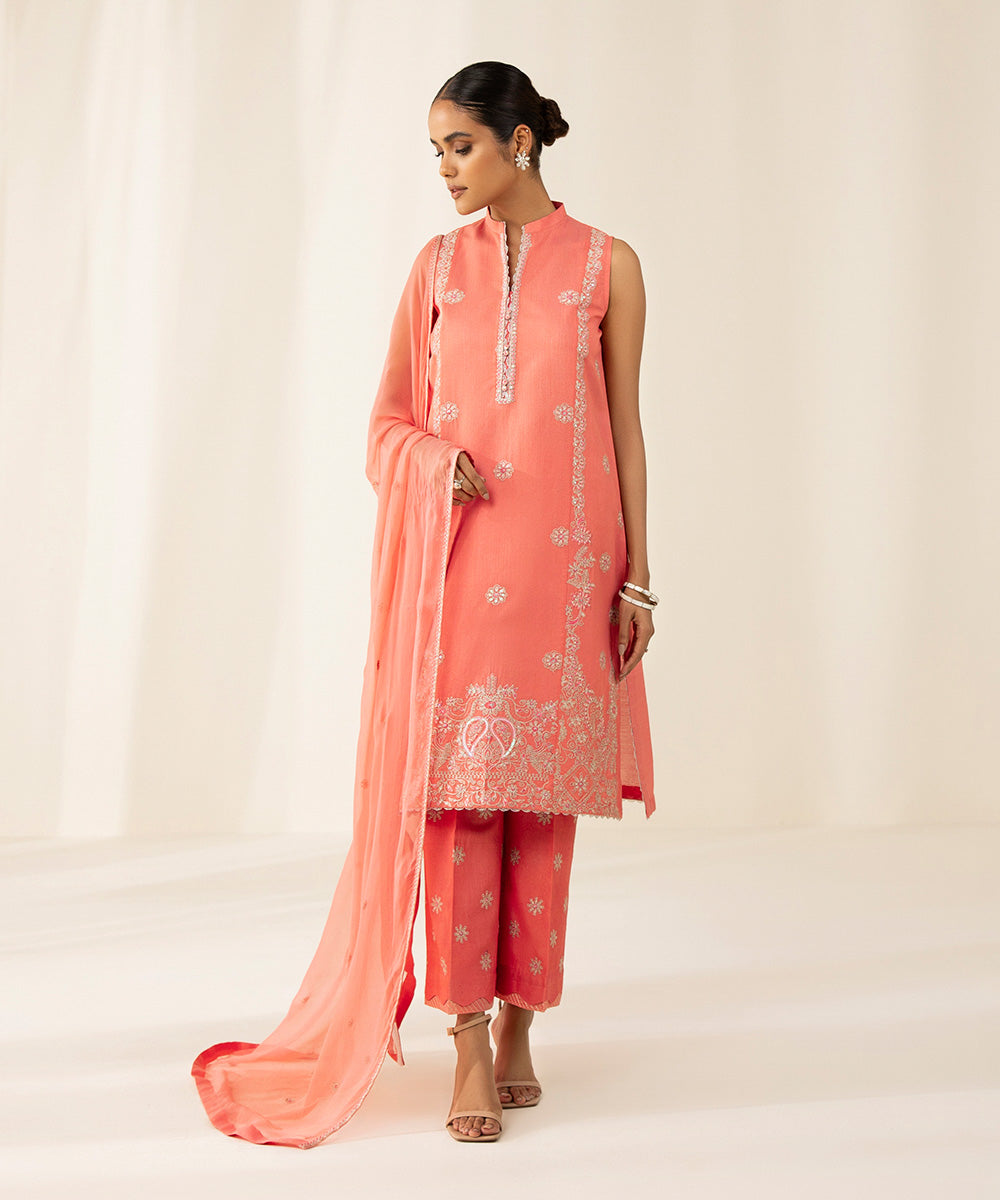 Festive Women's Unstitched Silk Cotton Net Orange 3 Piece Suit