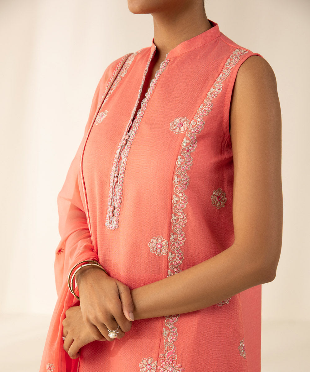 Festive Women's Unstitched Silk Cotton Net Orange 3 Piece Suit