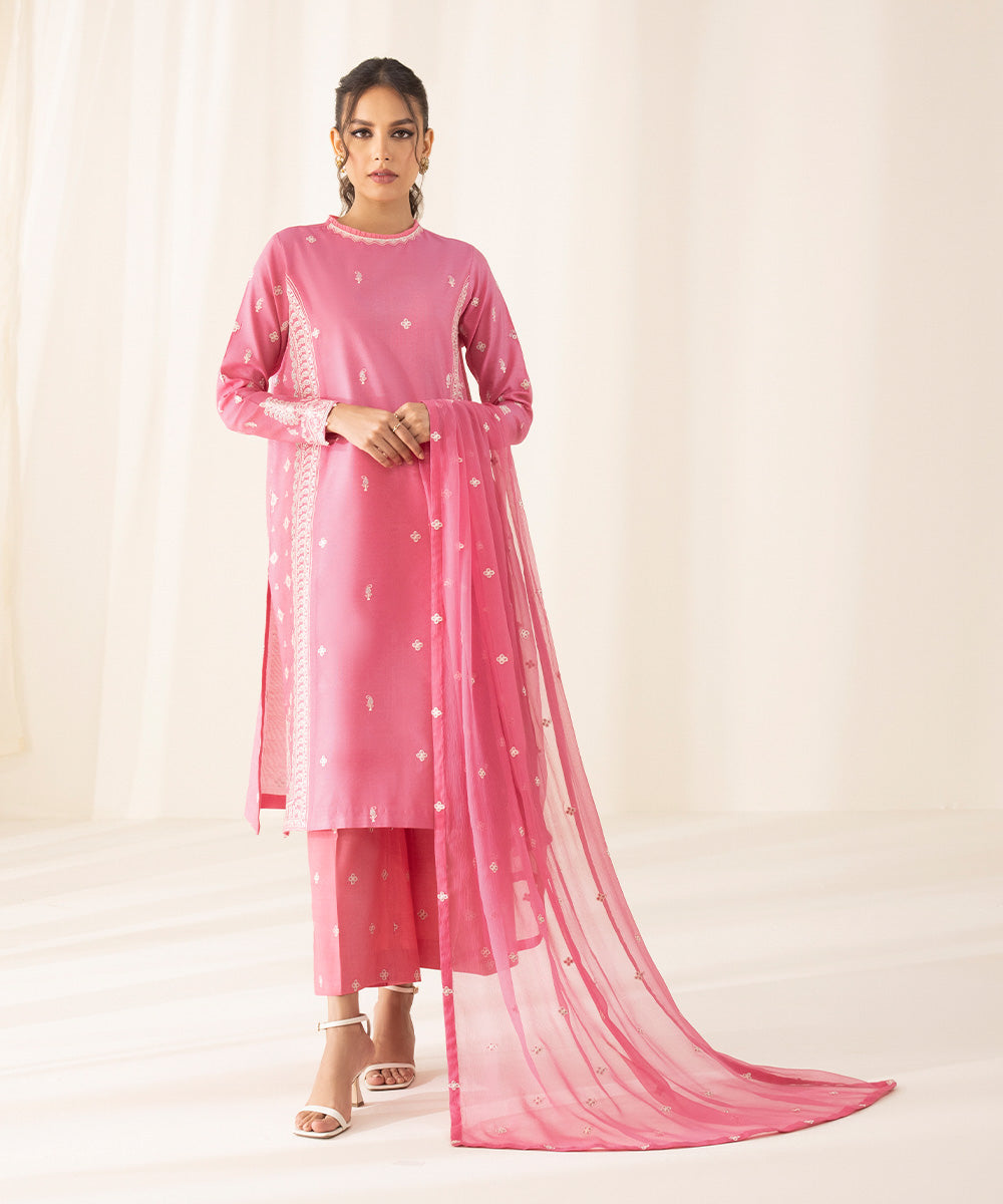 Festive Women's Unstitched Silk Cotton Net Pink 3 Piece Suit