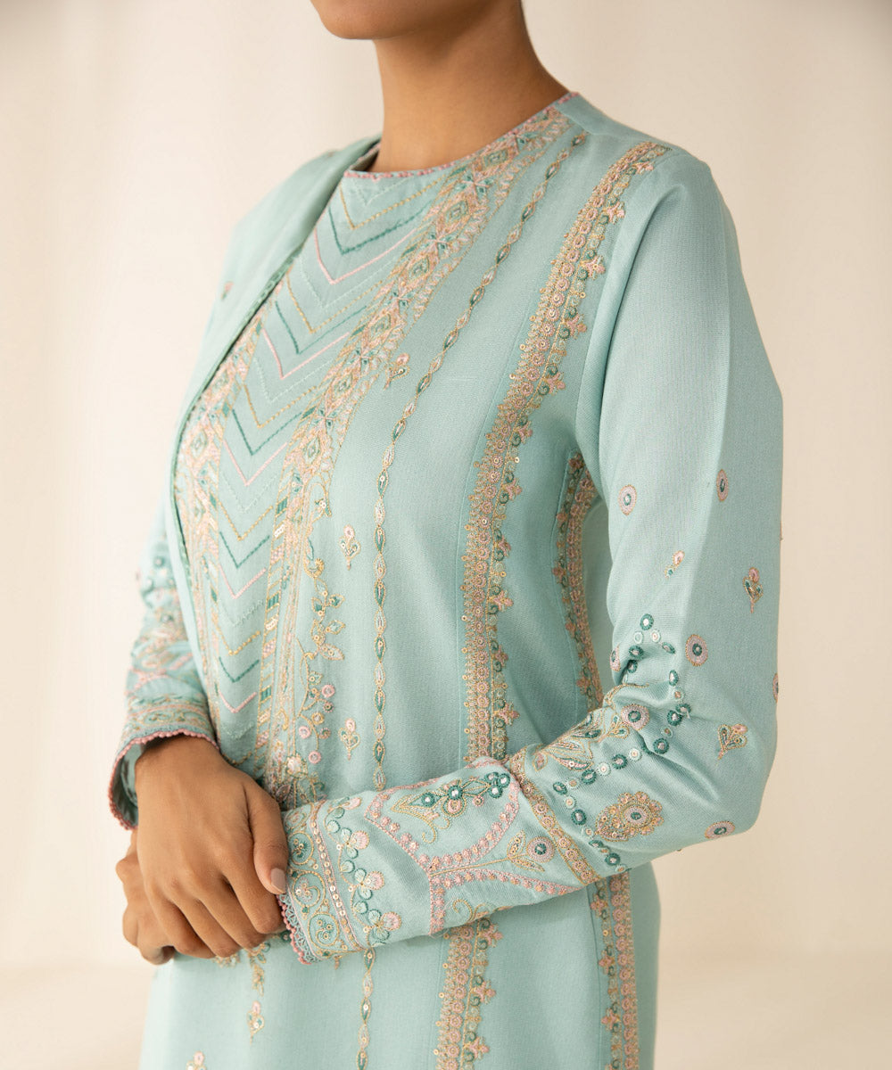 Festive Women's Unstitched Silk Cotton Net Blue 3 Piece Suit