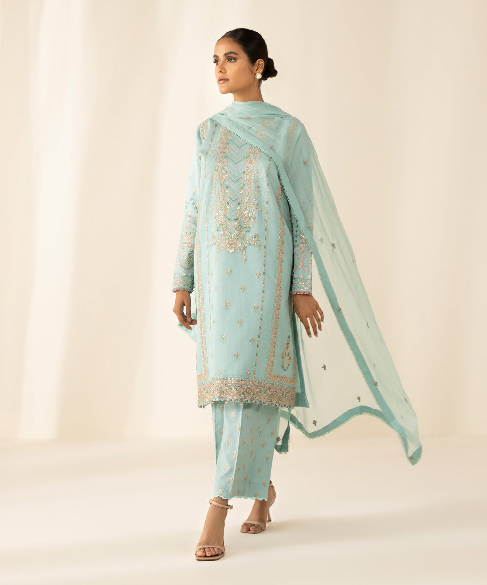 Festive Women's Unstitched Silk Cotton Net Blue 3 Piece Suit