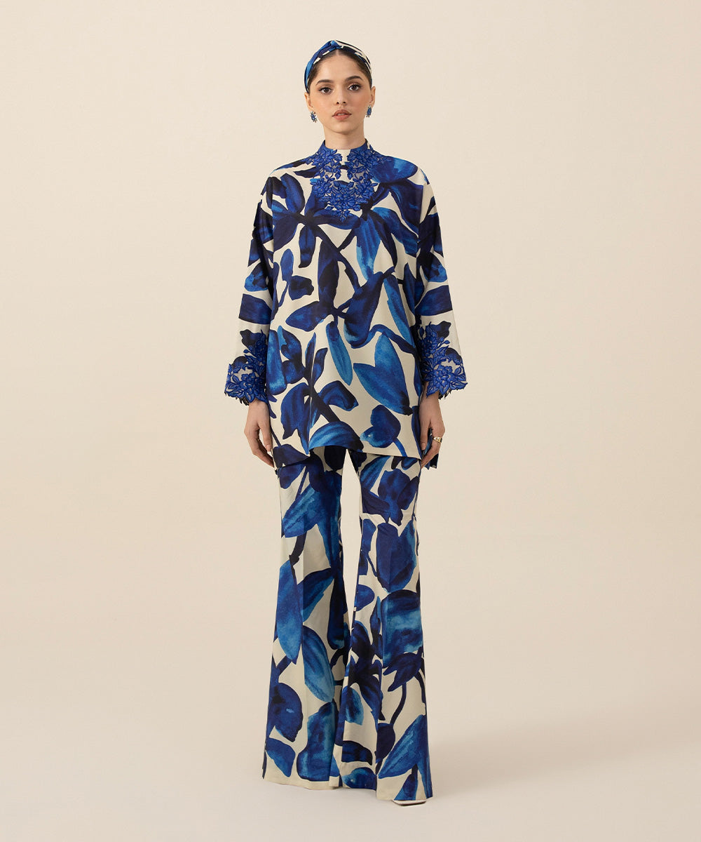 Women's Intermix Unstitched Blended Grip Silk Blue 2 Piece Suit