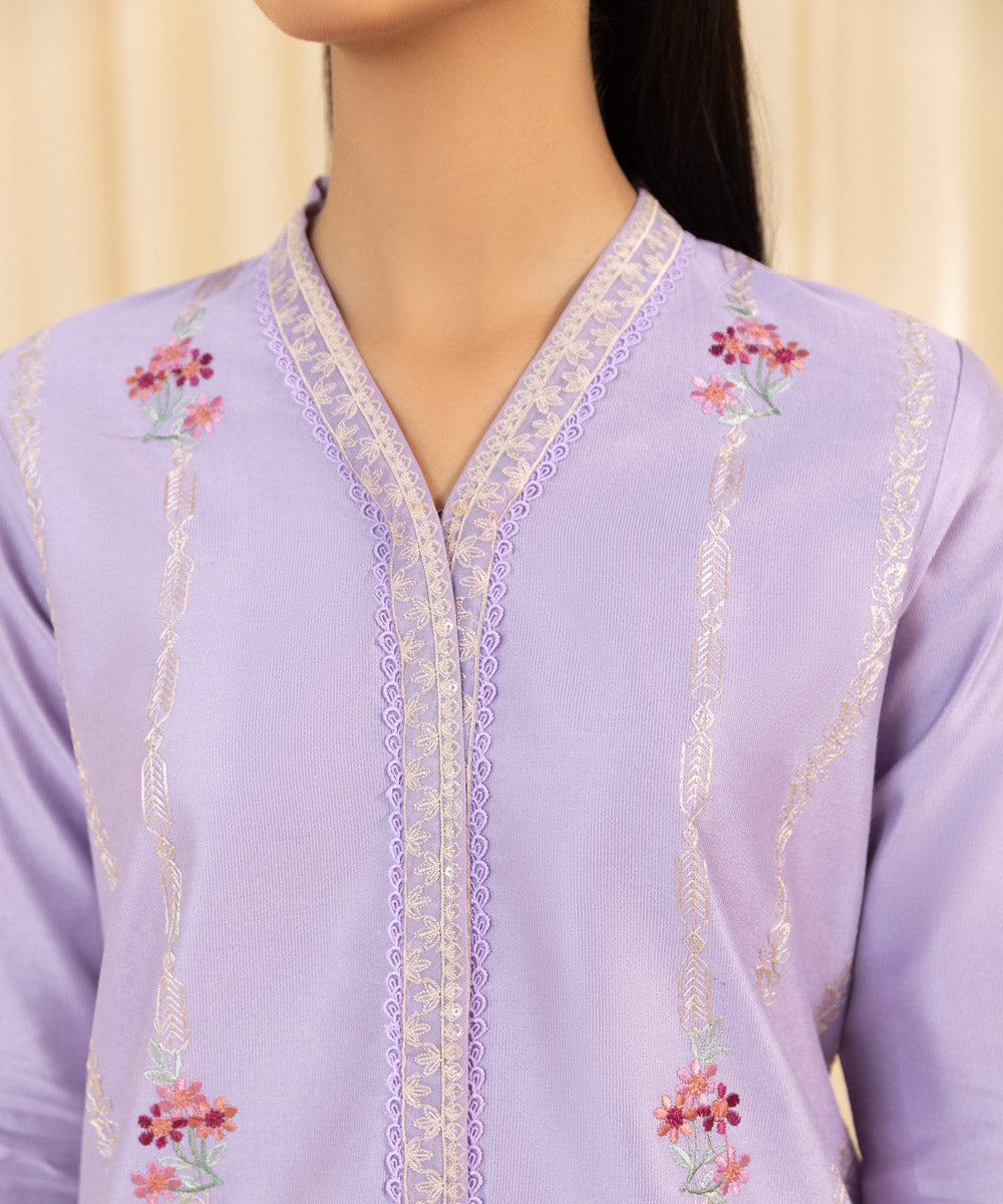 Women's Unstitched Embroidered Silk Cotton Net Purple 3 Piece Suit