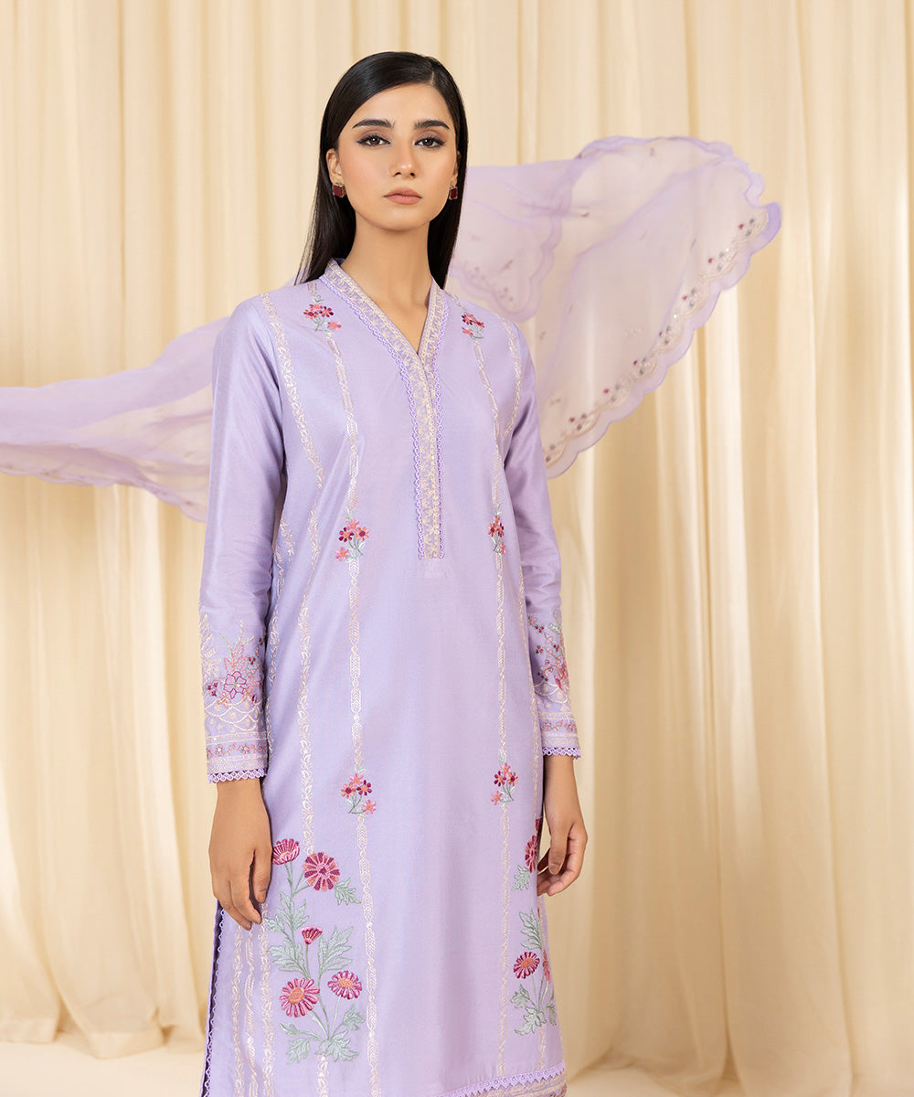 Women's Unstitched Embroidered Silk Cotton Net Purple 3 Piece Suit