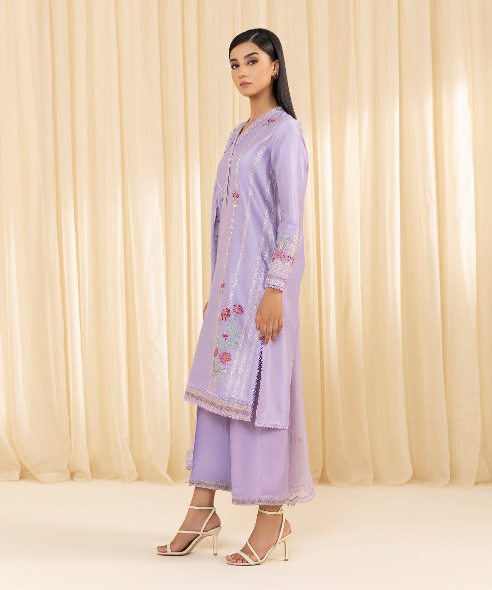 Women's Unstitched Embroidered Silk Cotton Net Purple 3 Piece Suit