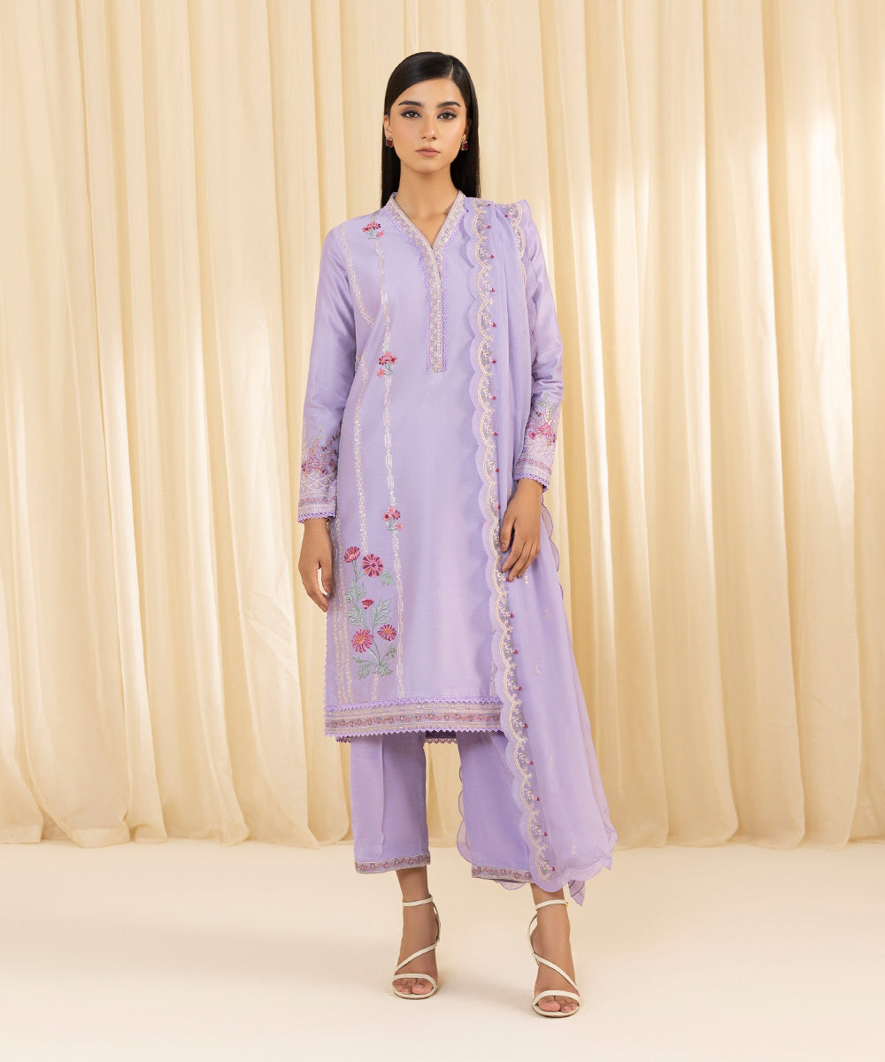 Women's Unstitched Embroidered Silk Cotton Net Purple 3 Piece Suit