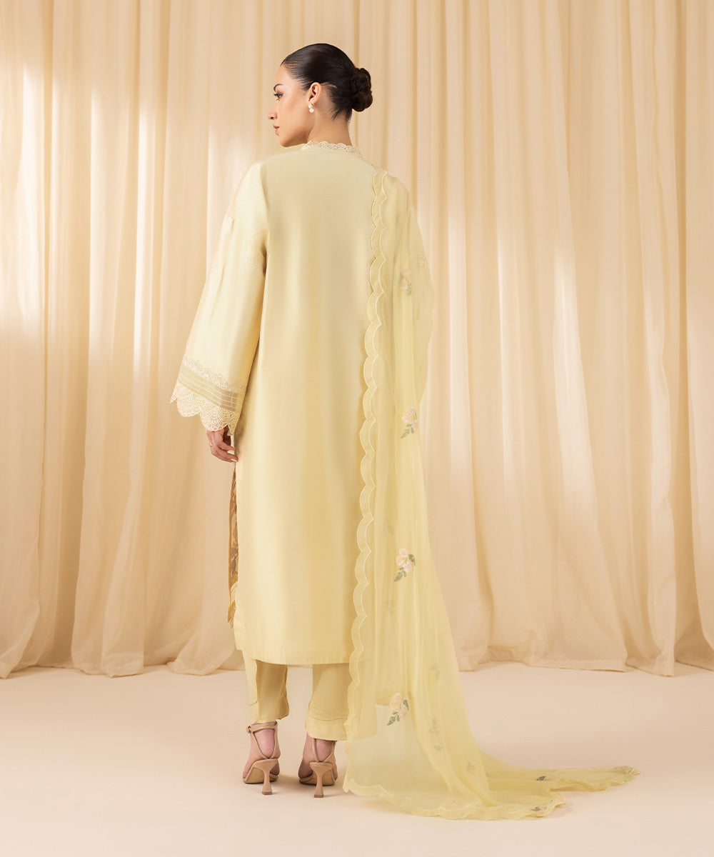 Women's Unstitched Embroidered Silk Cotton Net Yellow 3 Piece Suit