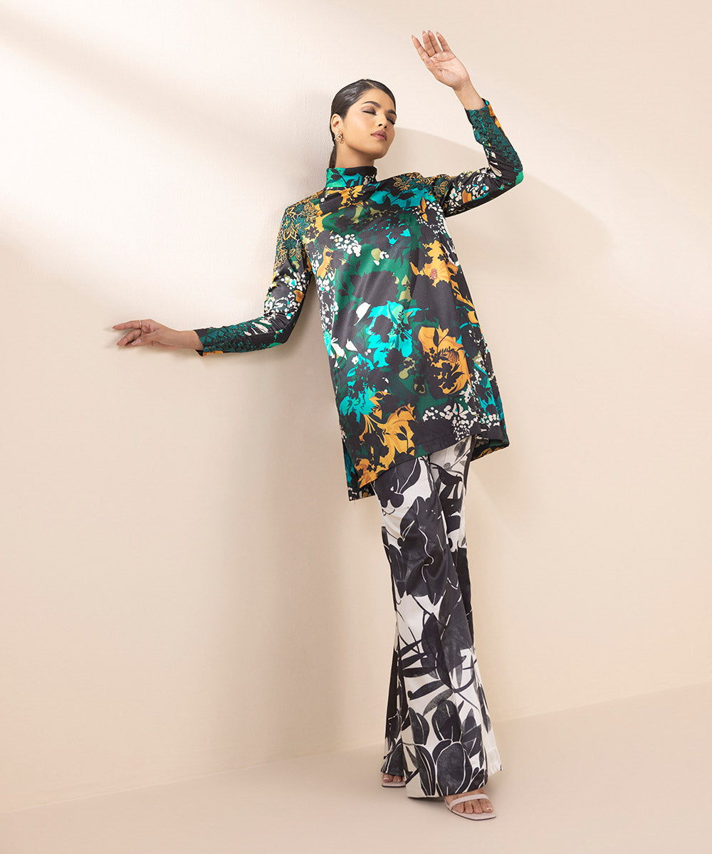 2 Piece - Embroidered Satin Suit