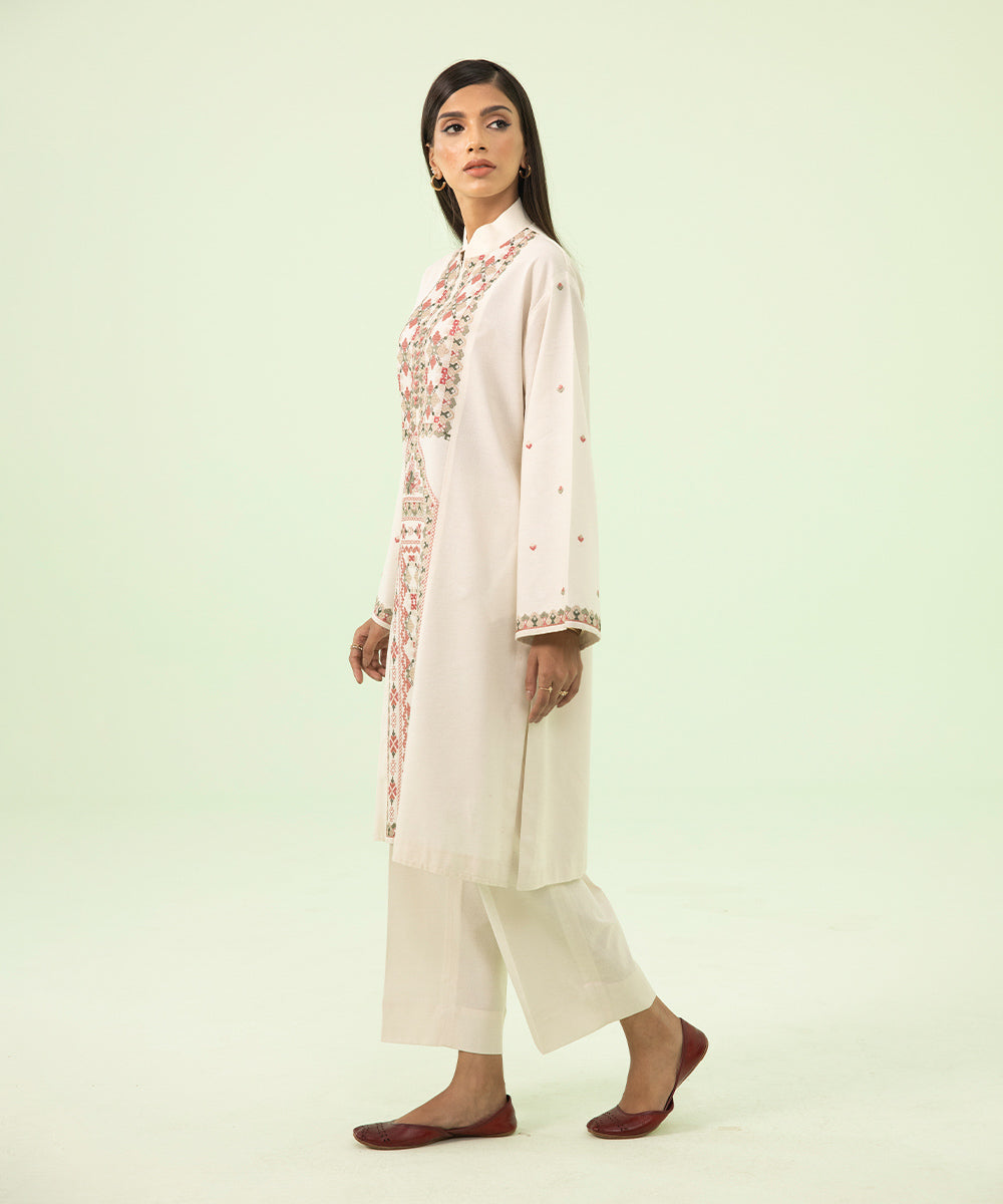 Women's Winter Unstitched Cotton Karandi Off White 2 Piece Suit