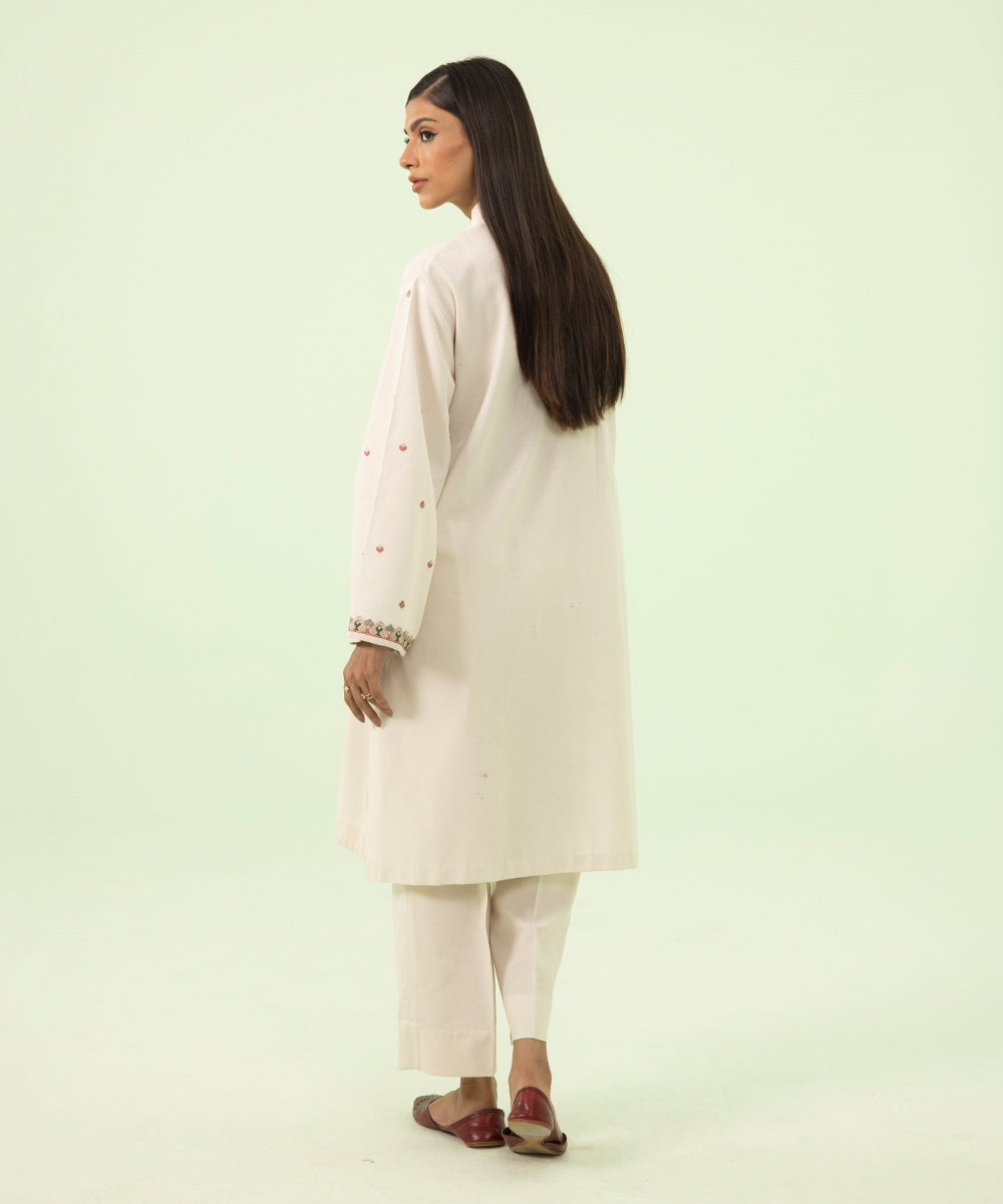 Women's Winter Unstitched Cotton Karandi Off White 2 Piece Suit