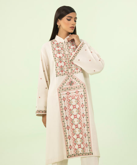 Women's Winter Unstitched Cotton Karandi Off White 2 Piece Suit