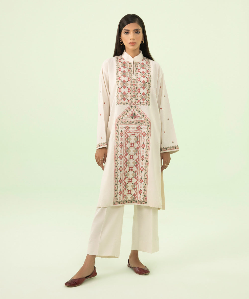 Women's Winter Unstitched Cotton Karandi Off White 2 Piece Suit