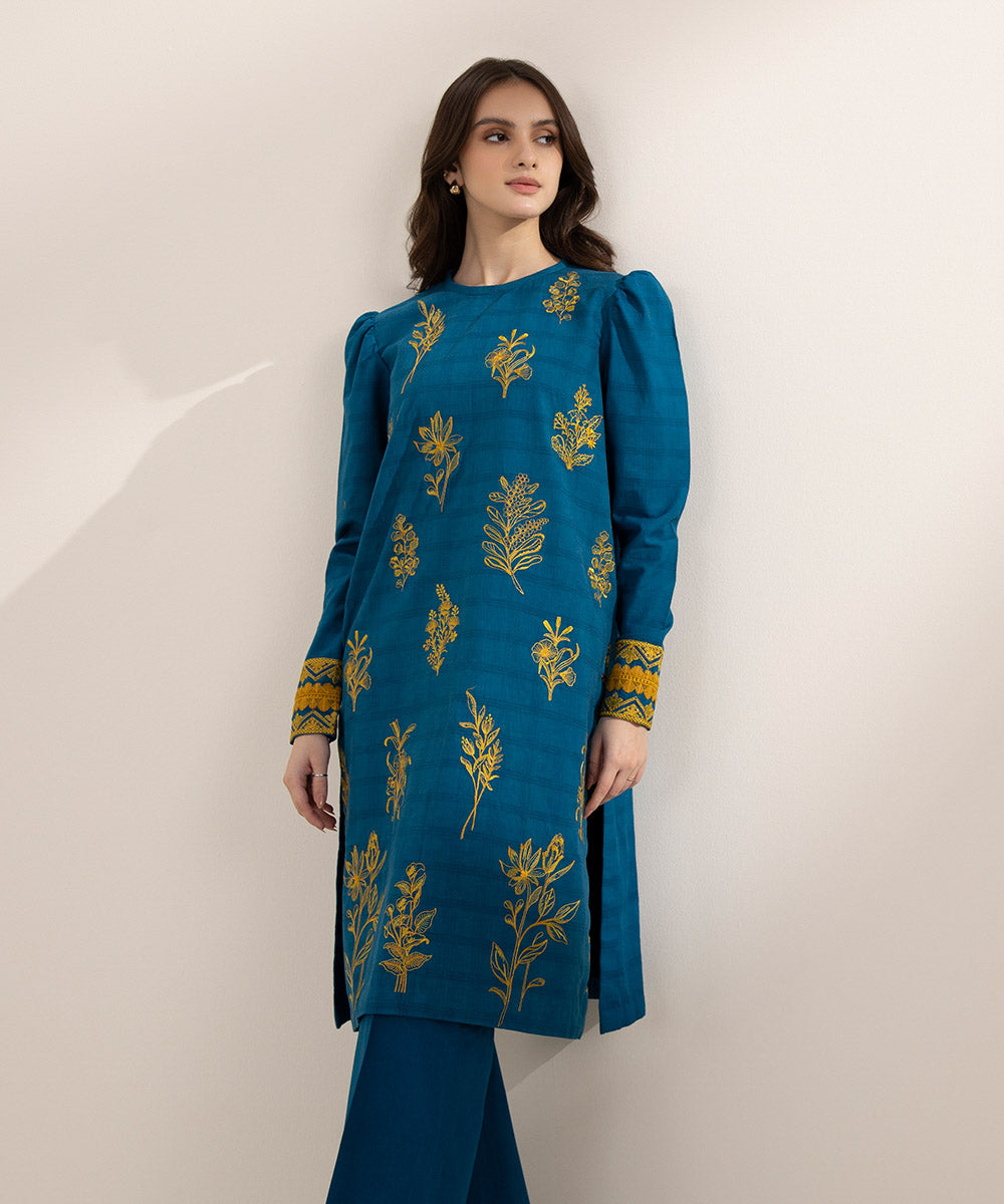 Women's Unstitched Dobby Embroidered Blue 2 Piece Suit