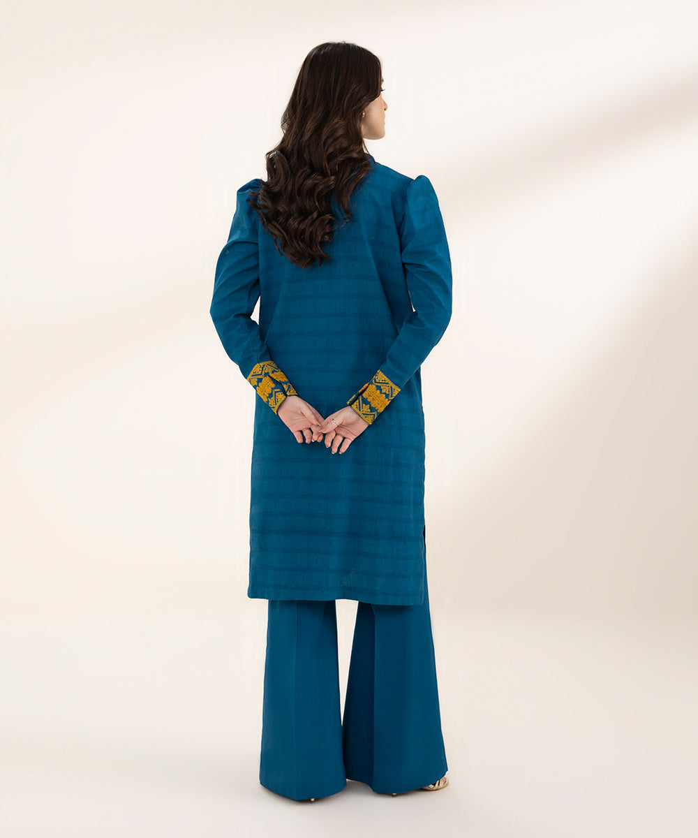 Women's Unstitched Dobby Embroidered Blue 2 Piece Suit