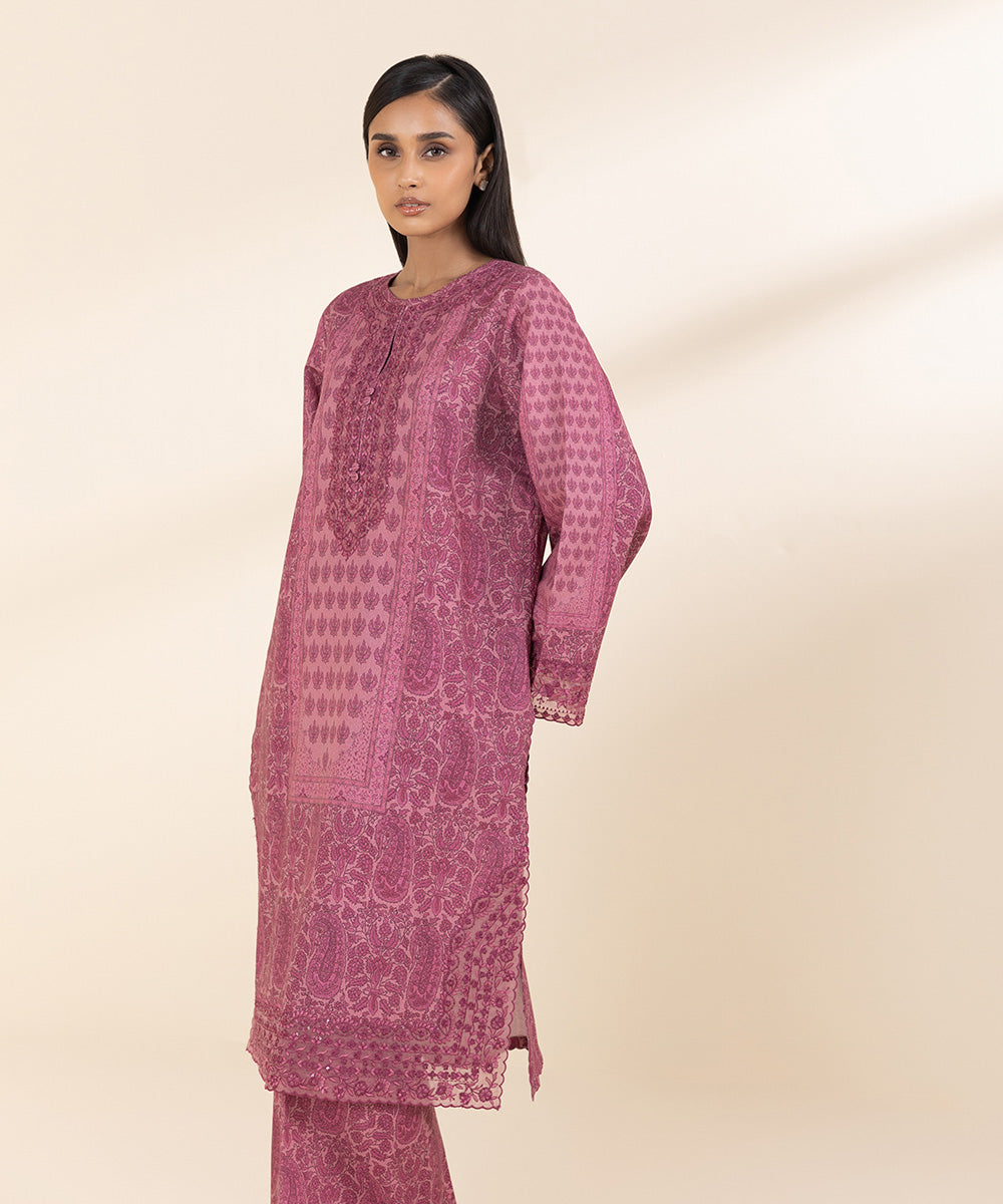 Women's Unstitched Cotton Karandi Pink Embroidered 2 Piece Suit