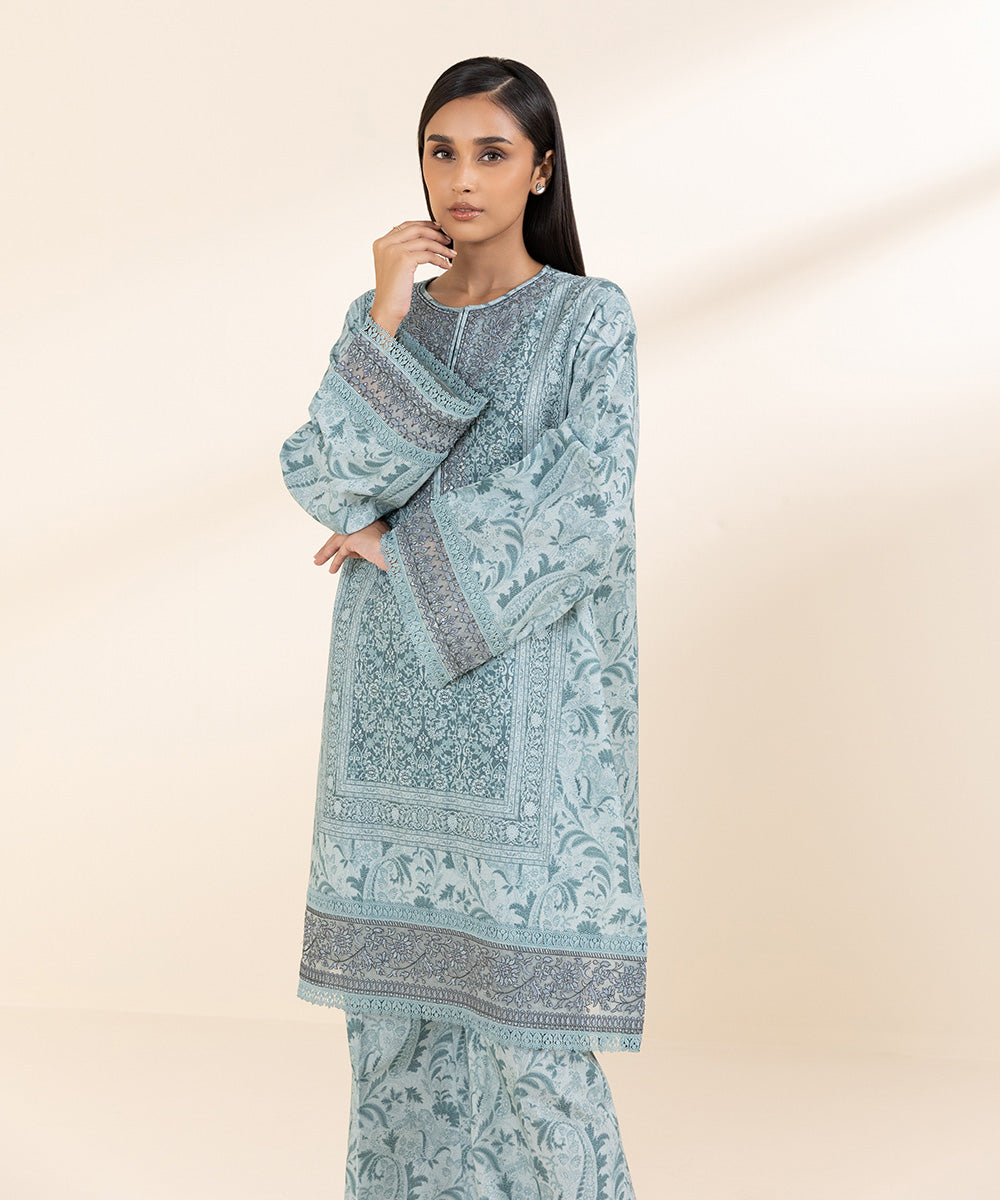 Women's Unstitched Cotton Karandi Blue Embroidered 2 Piece Suit