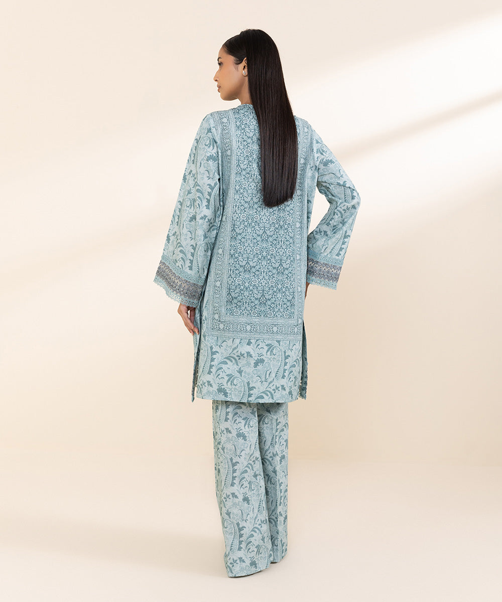 Women's Unstitched Cotton Karandi Blue Embroidered 2 Piece Suit