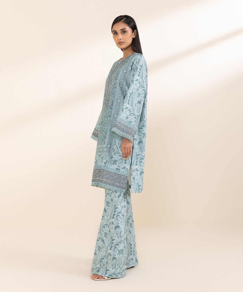 Women's Unstitched Cotton Karandi Blue Embroidered 2 Piece Suit