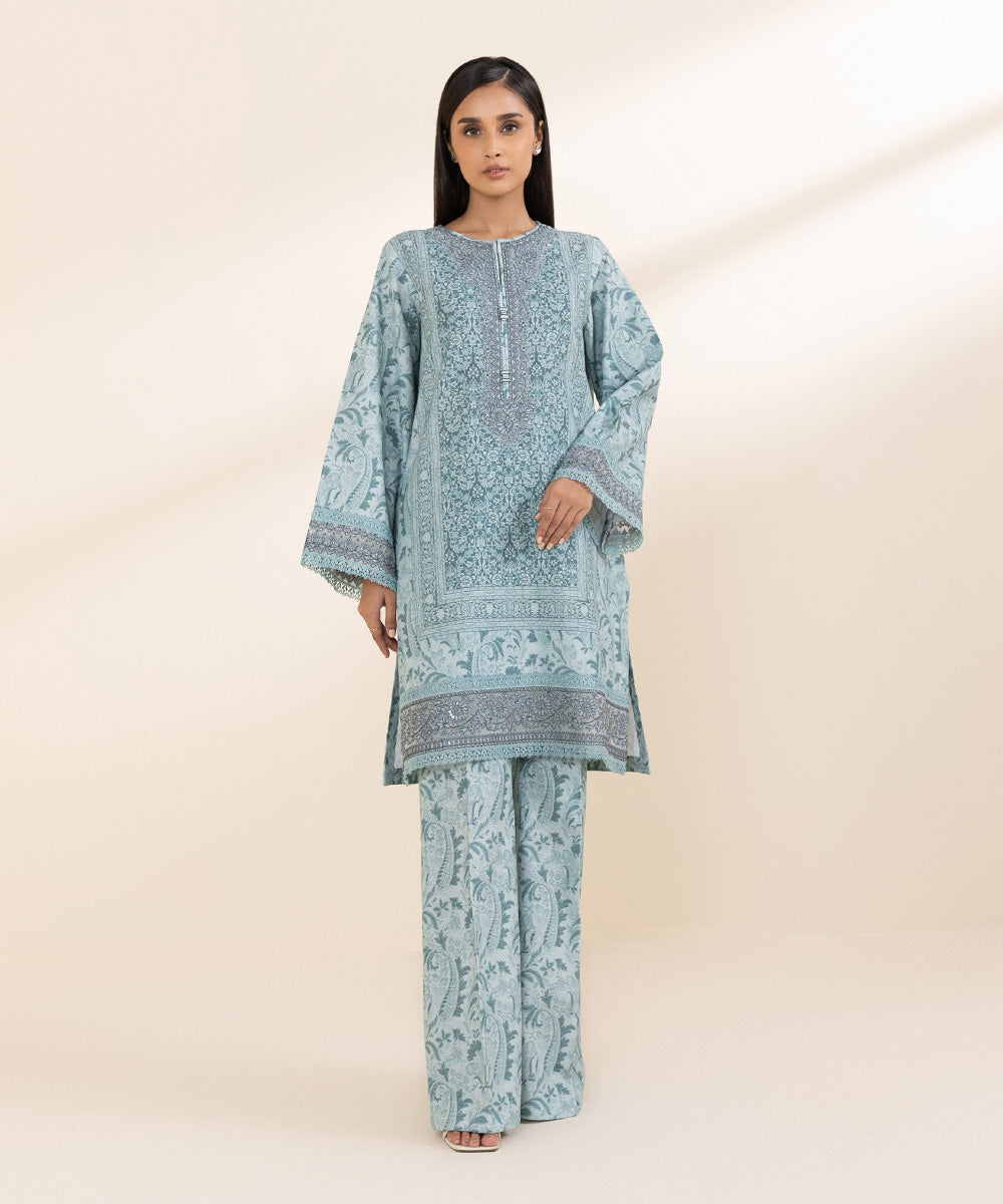 Women's Unstitched Cotton Karandi Blue Embroidered 2 Piece Suit