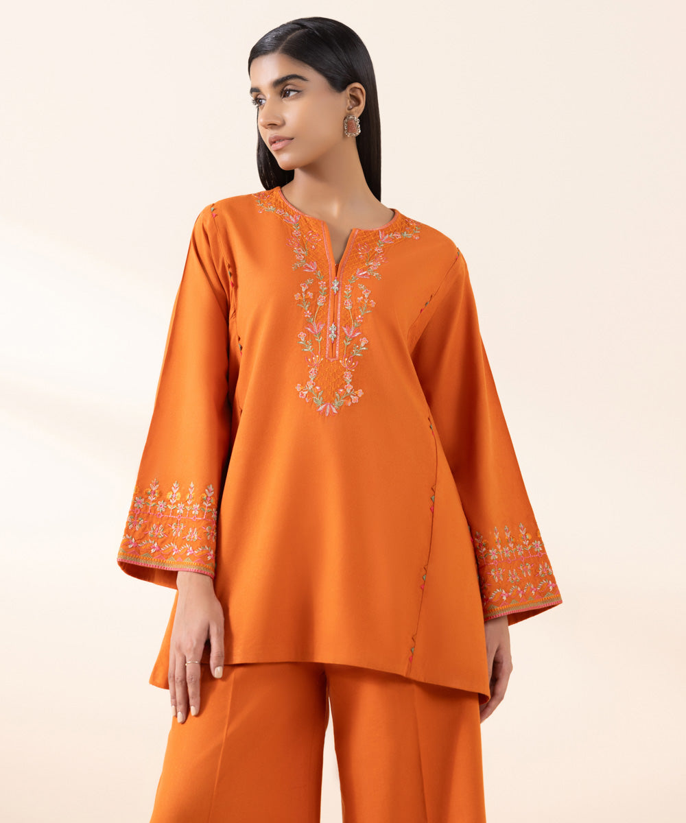 Women's Unstitched Cotton Karandi Orange Embroidered 2 Piece Suit