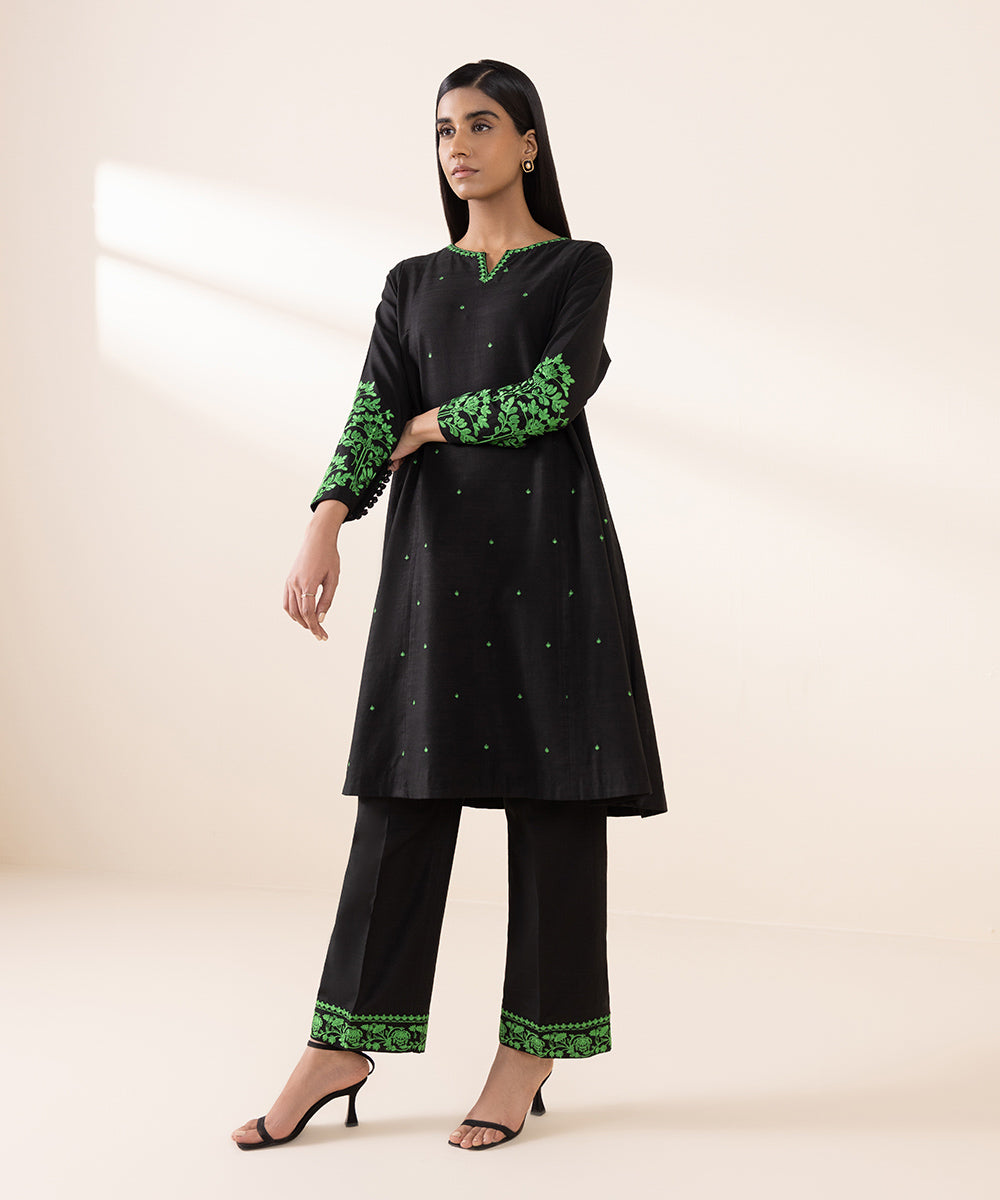 Women's Unstitched Khaddar Black Embroidered 2 Piece Suit 