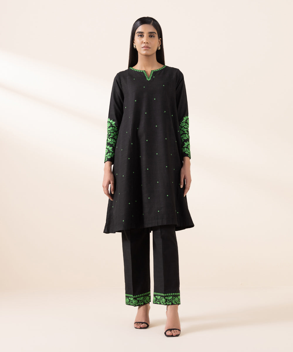 Women's Unstitched Khaddar Black Embroidered 2 Piece Suit 