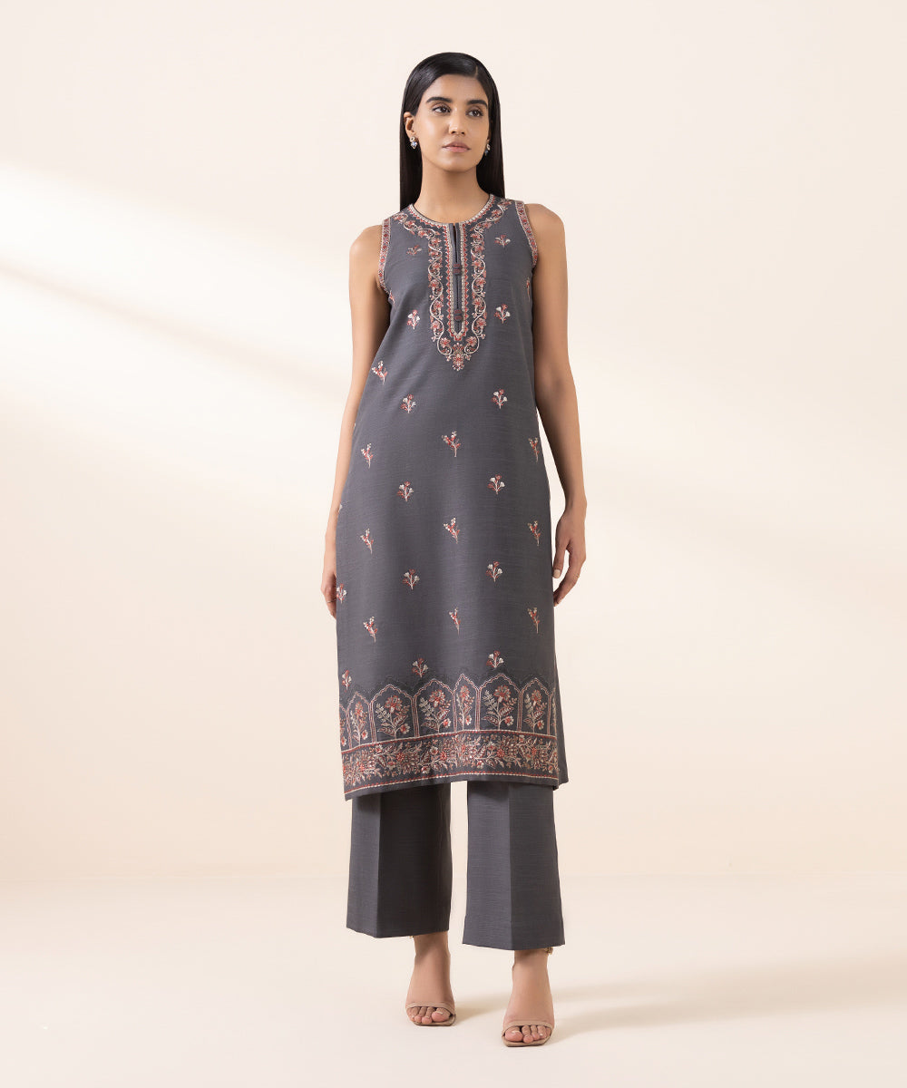 Women's Unstitched Khaddar Grey Embroidered 2 Piece Suit