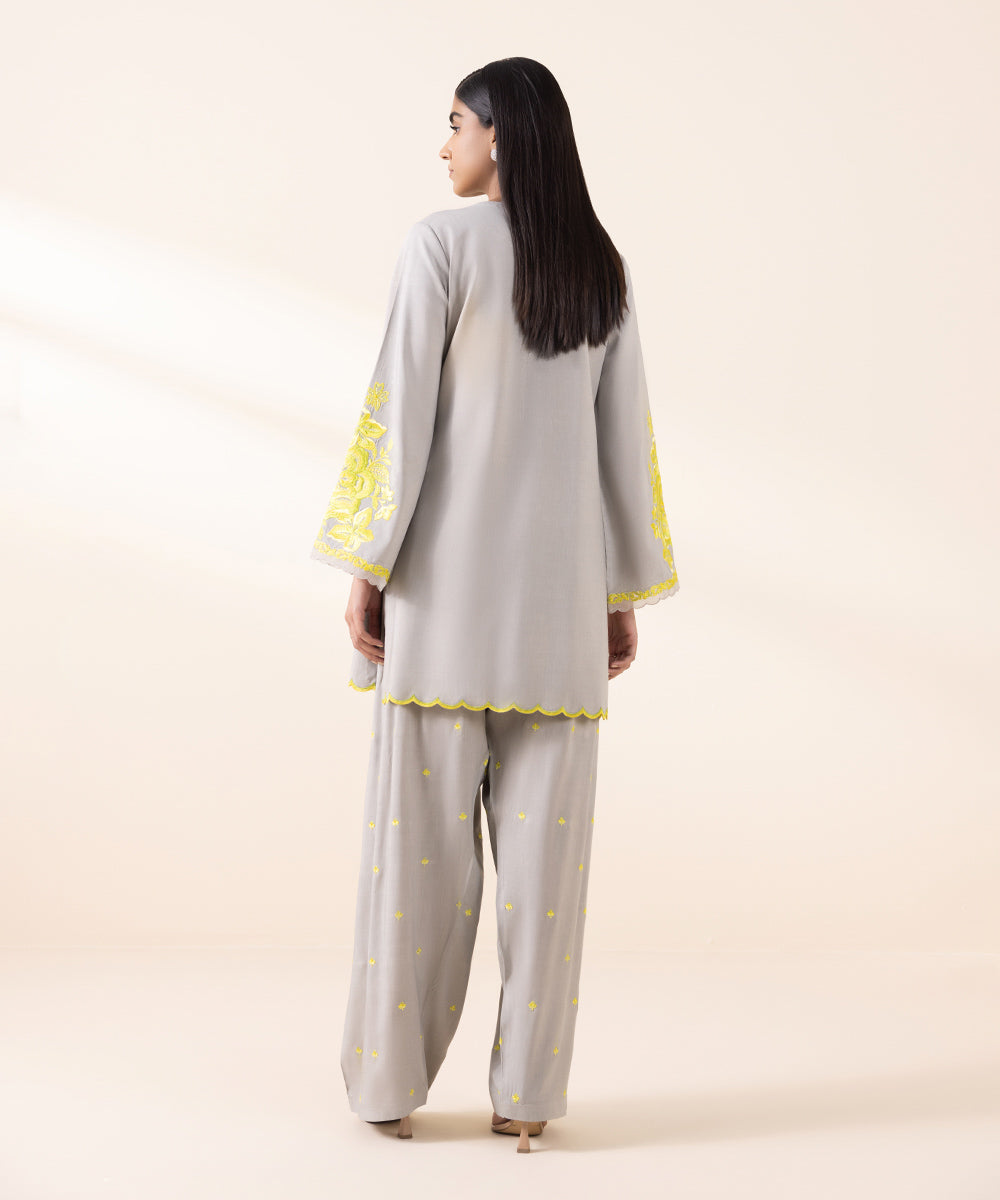 Women's Unstitched Linen Grey Embroidered 2 Piece Suit