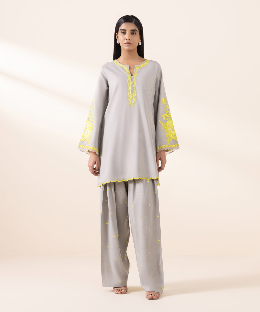 Women's Unstitched Linen Grey Embroidered 2 Piece Suit