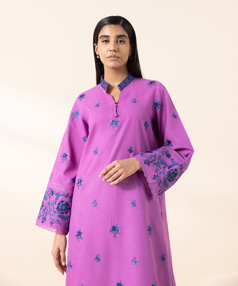 Women's Unstitched Blended Karandi Purple Embroidered 2 Piece Suit