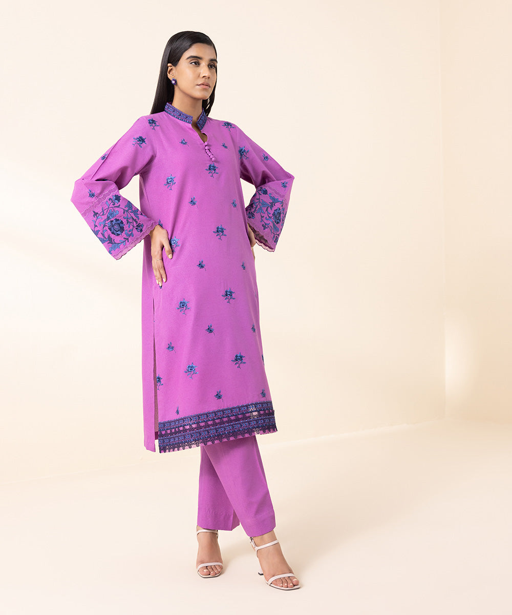 Women's Unstitched Blended Karandi Purple Embroidered 2 Piece Suit