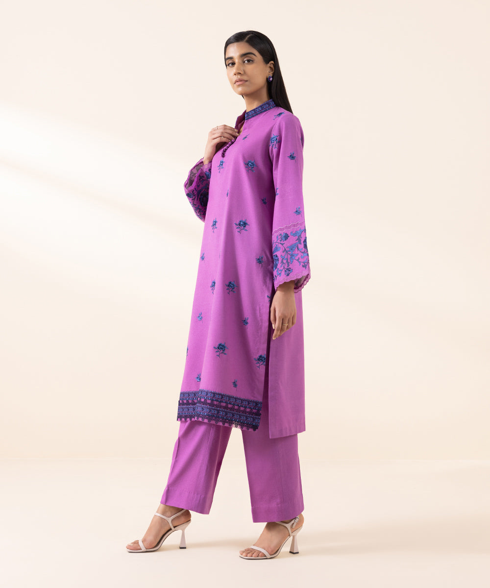 Women's Unstitched Blended Karandi Purple Embroidered 2 Piece Suit