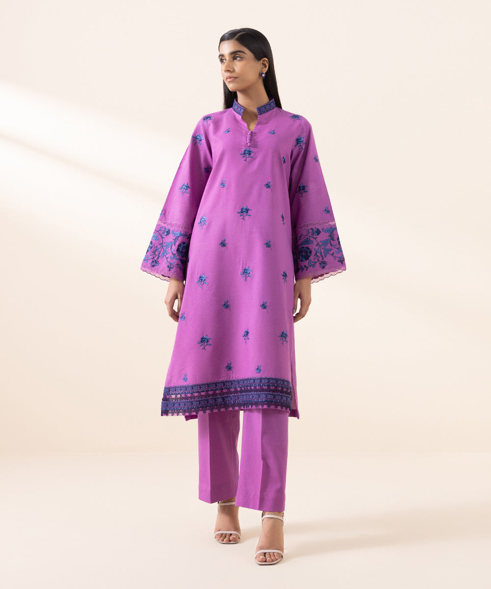 Women's Unstitched Blended Karandi Purple Embroidered 2 Piece Suit