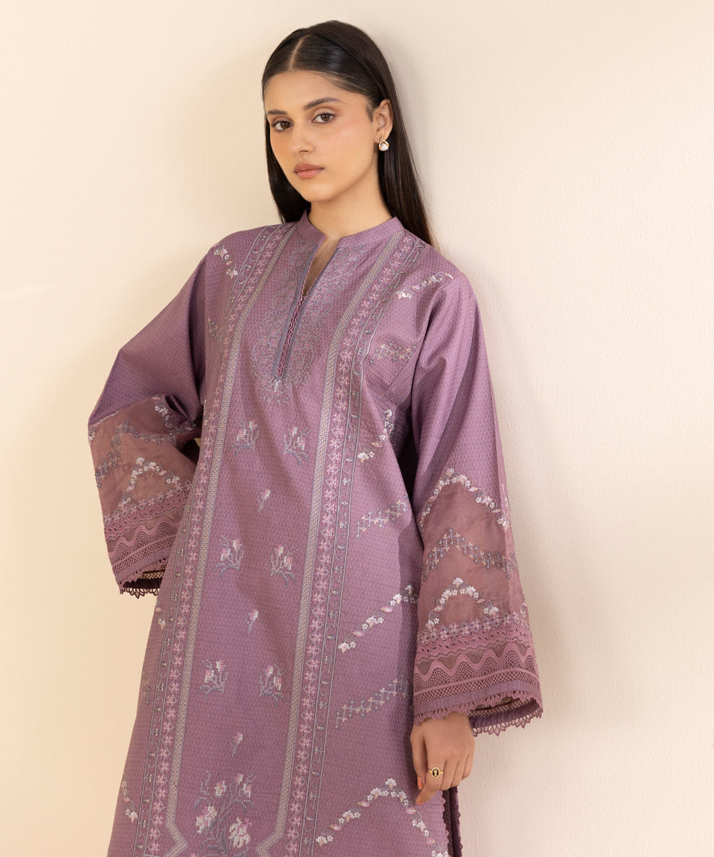 Women's Unstitched Dobby Embroidered Purple 2 Piece Suit