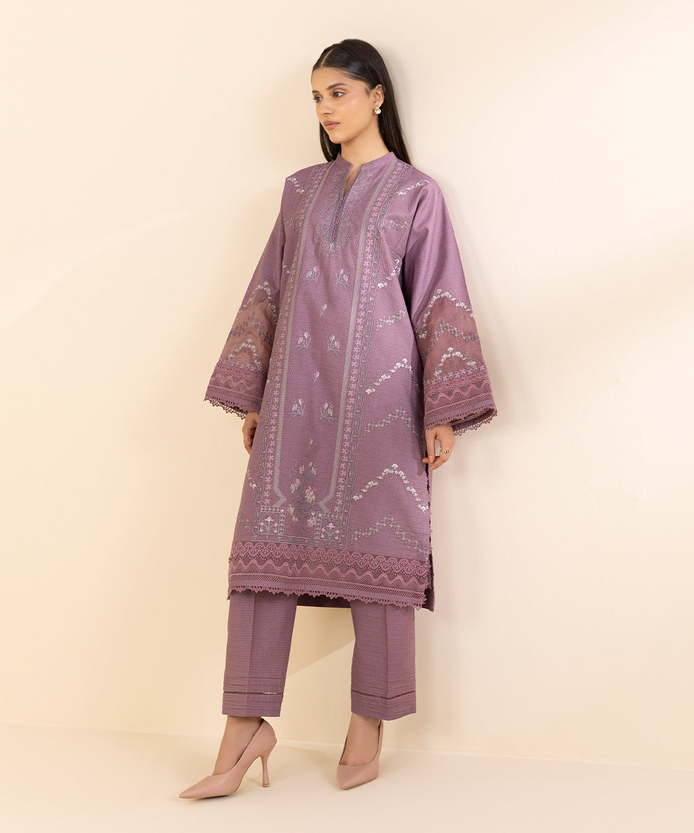 Women's Unstitched Dobby Embroidered Purple 2 Piece Suit