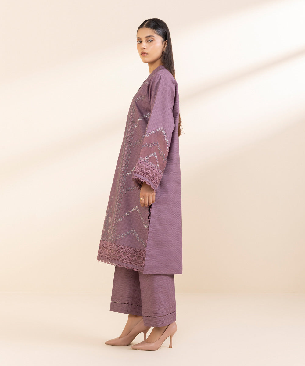 Women's Unstitched Dobby Embroidered Purple 2 Piece Suit