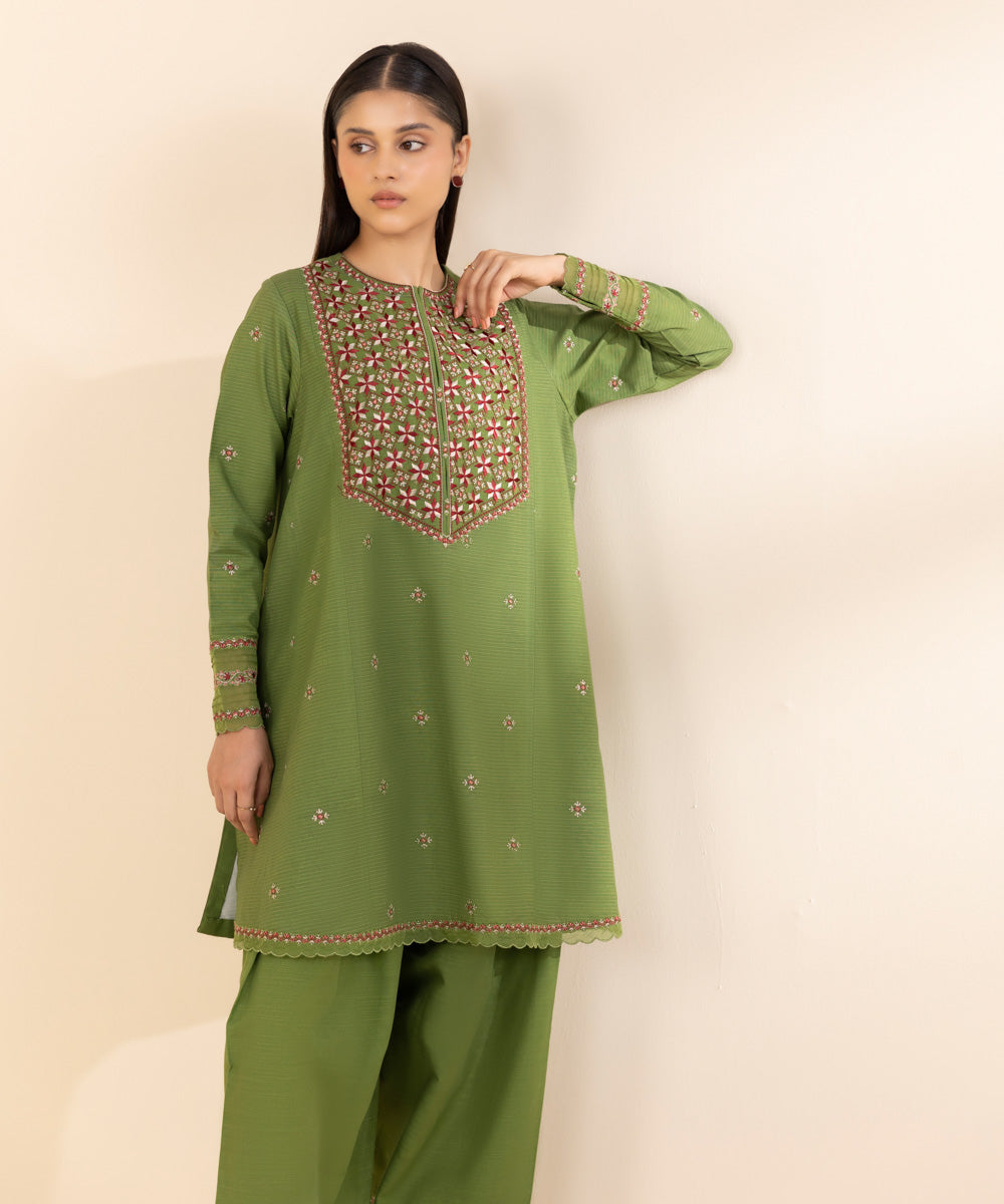 Women's Unstitched Zari Khaddar Embroidered Green 2 Piece Suit