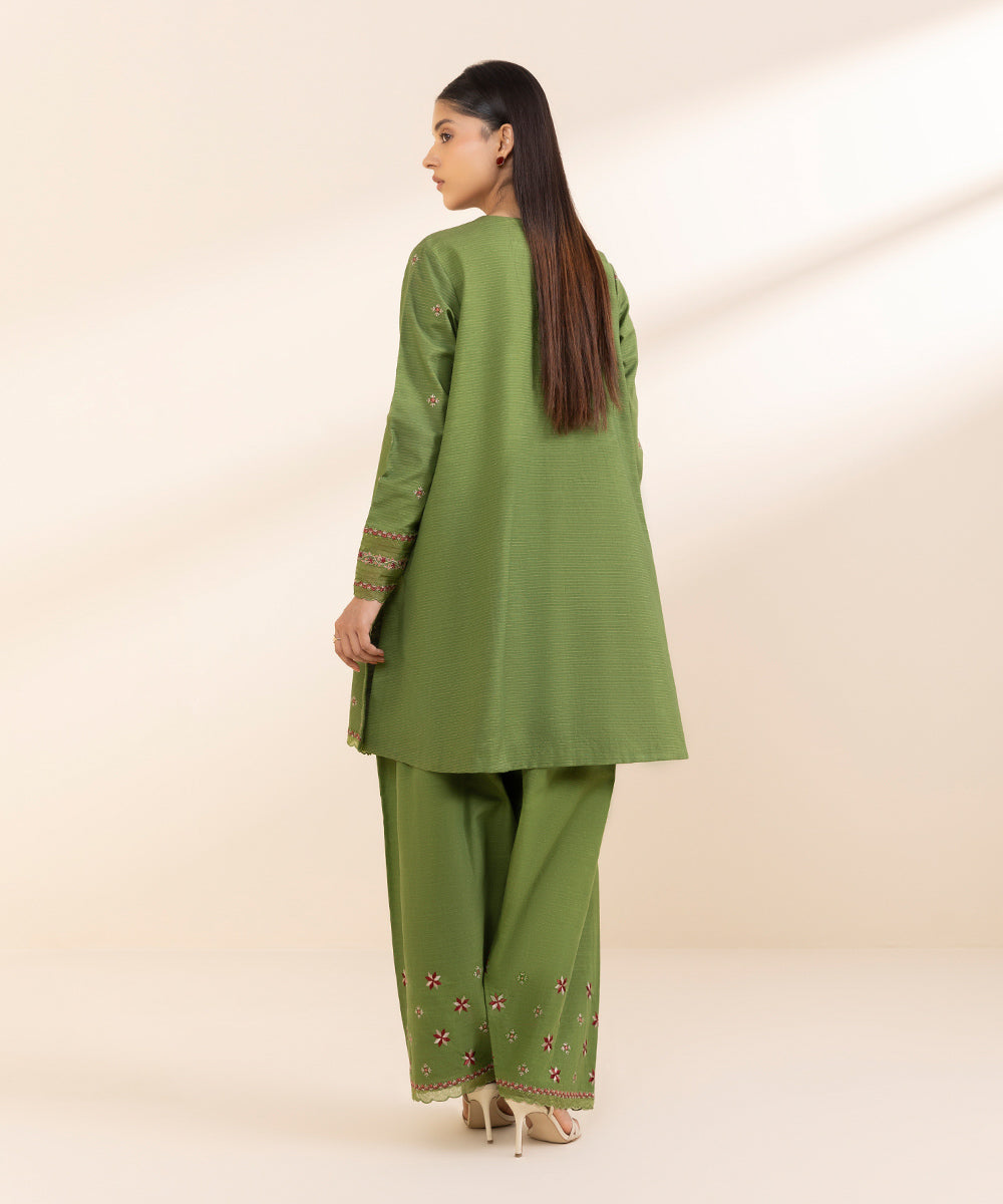 Women's Unstitched Zari Khaddar Embroidered Green 2 Piece Suit