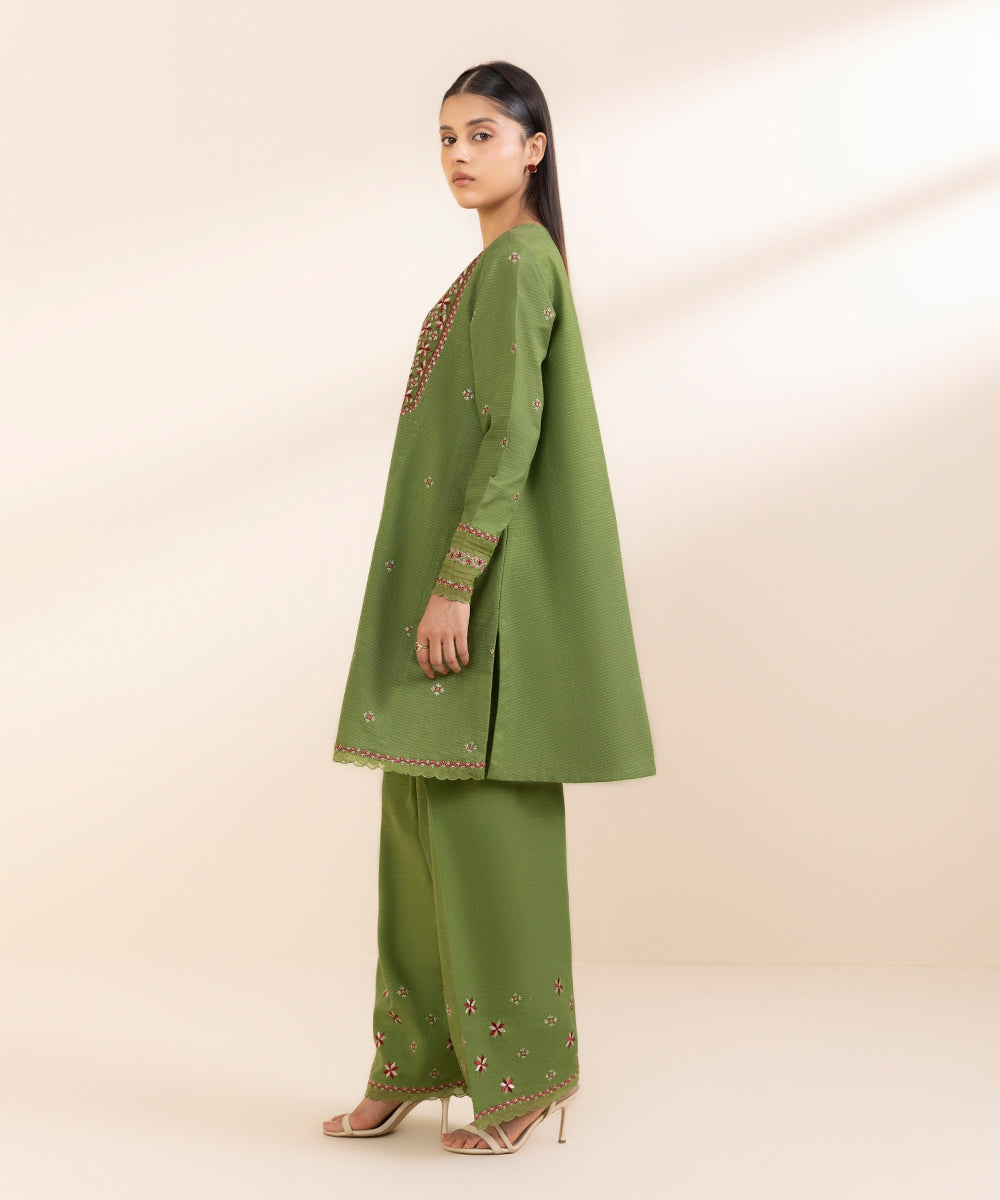 Women's Unstitched Zari Khaddar Embroidered Green 2 Piece Suit