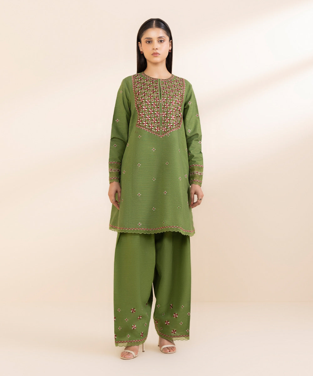 Women's Unstitched Zari Khaddar Embroidered Green 2 Piece Suit