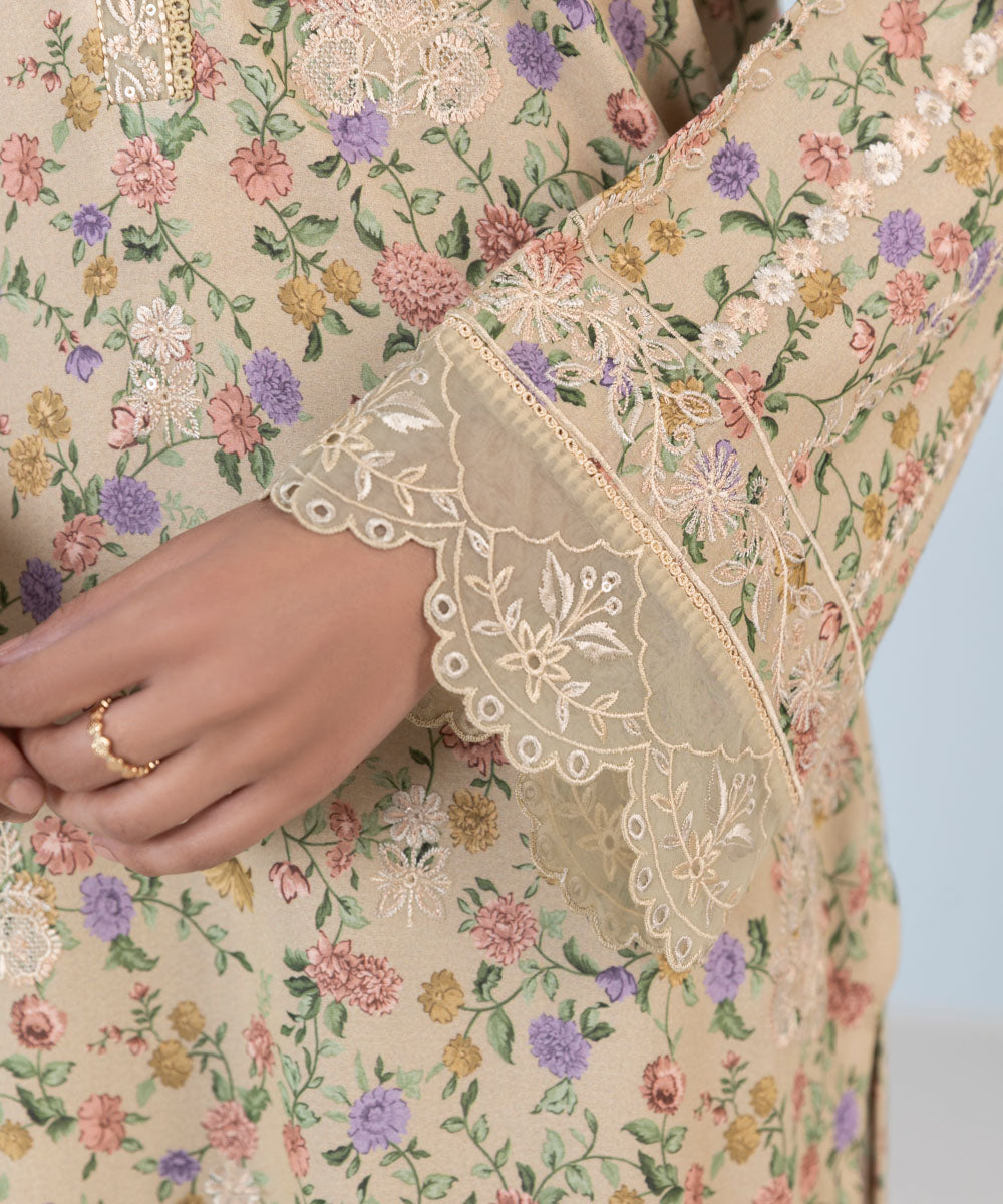 Women's Unstitched Pima Lawn Embroidered beige 3 Piece Suit