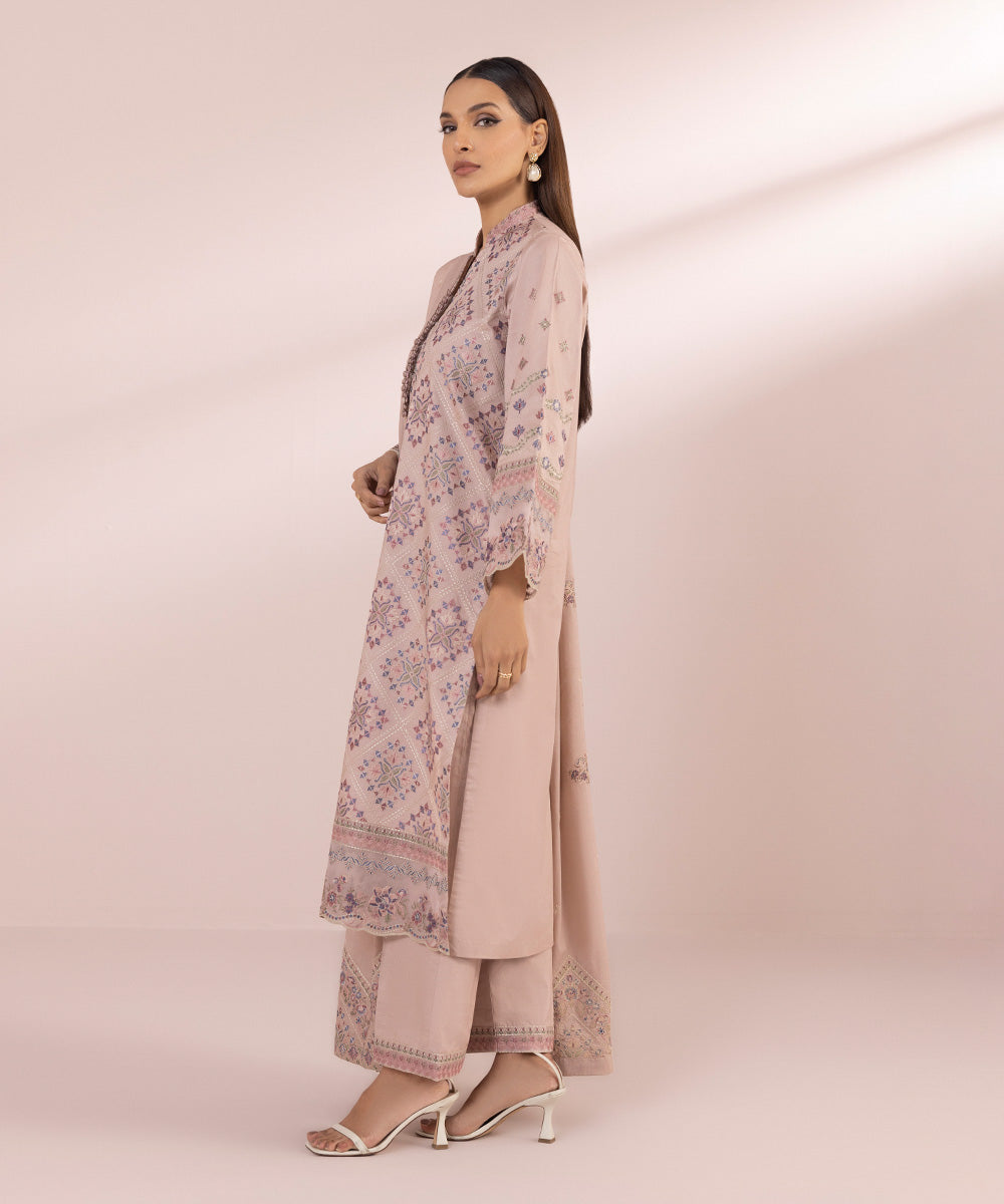 Women's Unstitched Lawn Embroidered Dull Pink 3 Piece Suit
