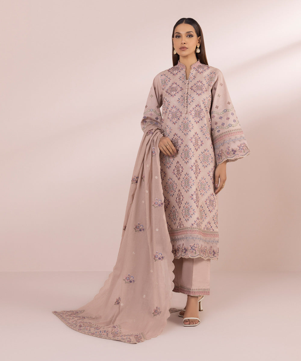 Women's Unstitched Lawn Embroidered Dull Pink 3 Piece Suit