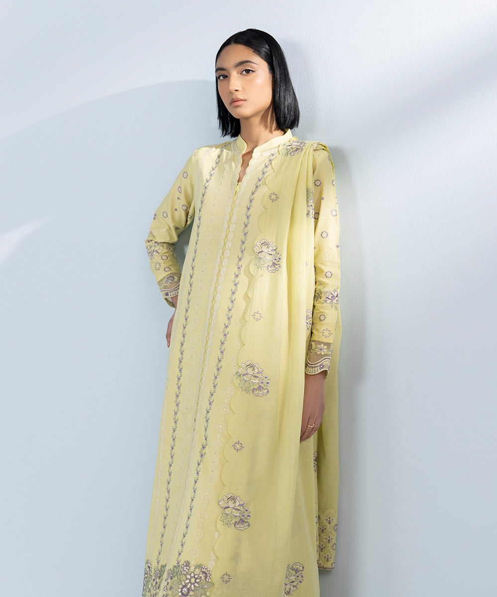 Women's Unstitched Pima Lawn Embroidered yellow 3 Piece Suit