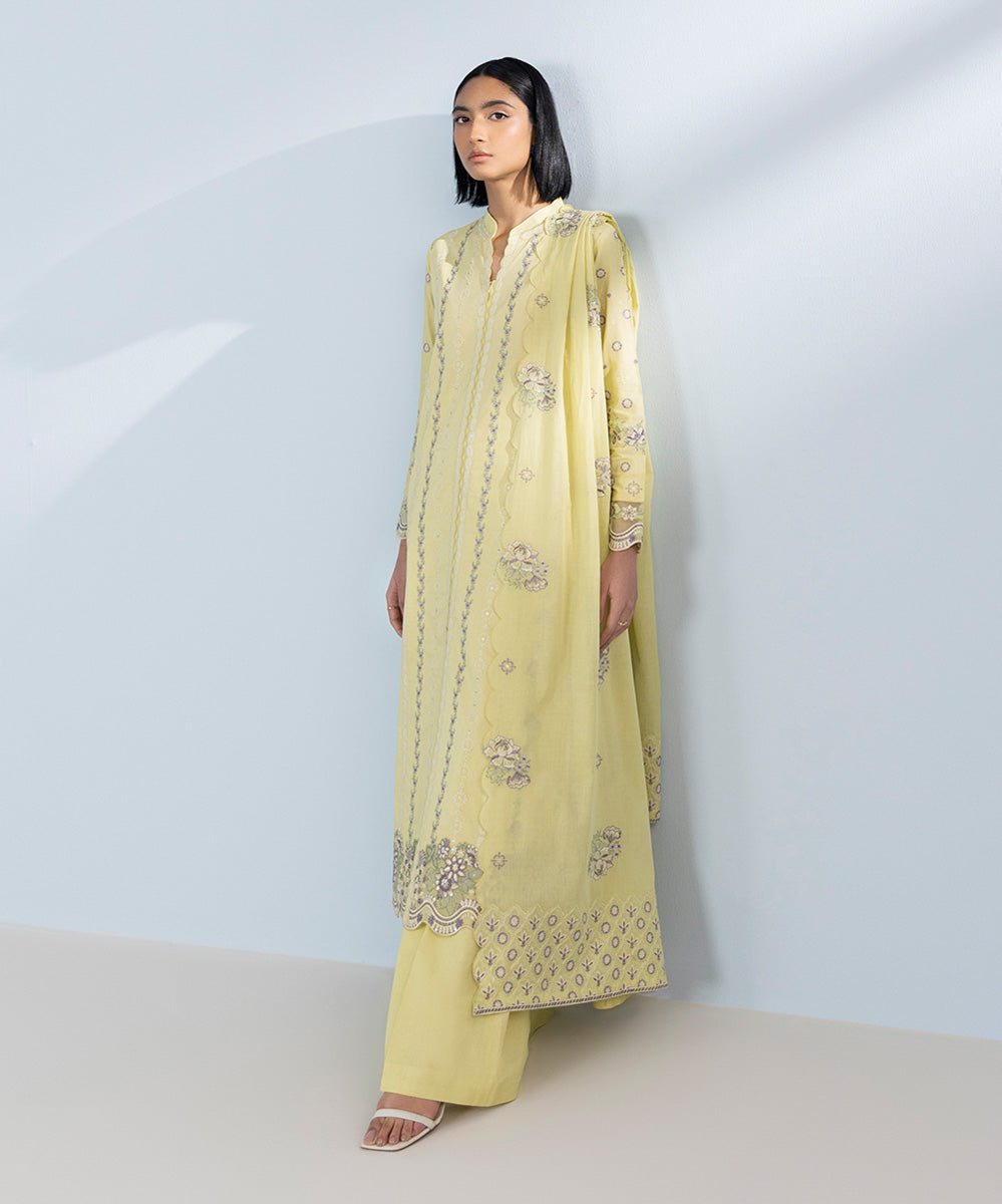 Women's Unstitched Pima Lawn Embroidered yellow 3 Piece Suit