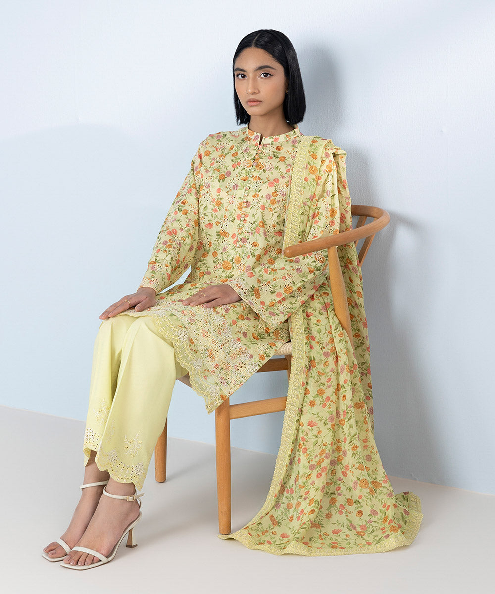 Women's Unstitched Pima Lawn Embroidered yellow 3 Piece Suit