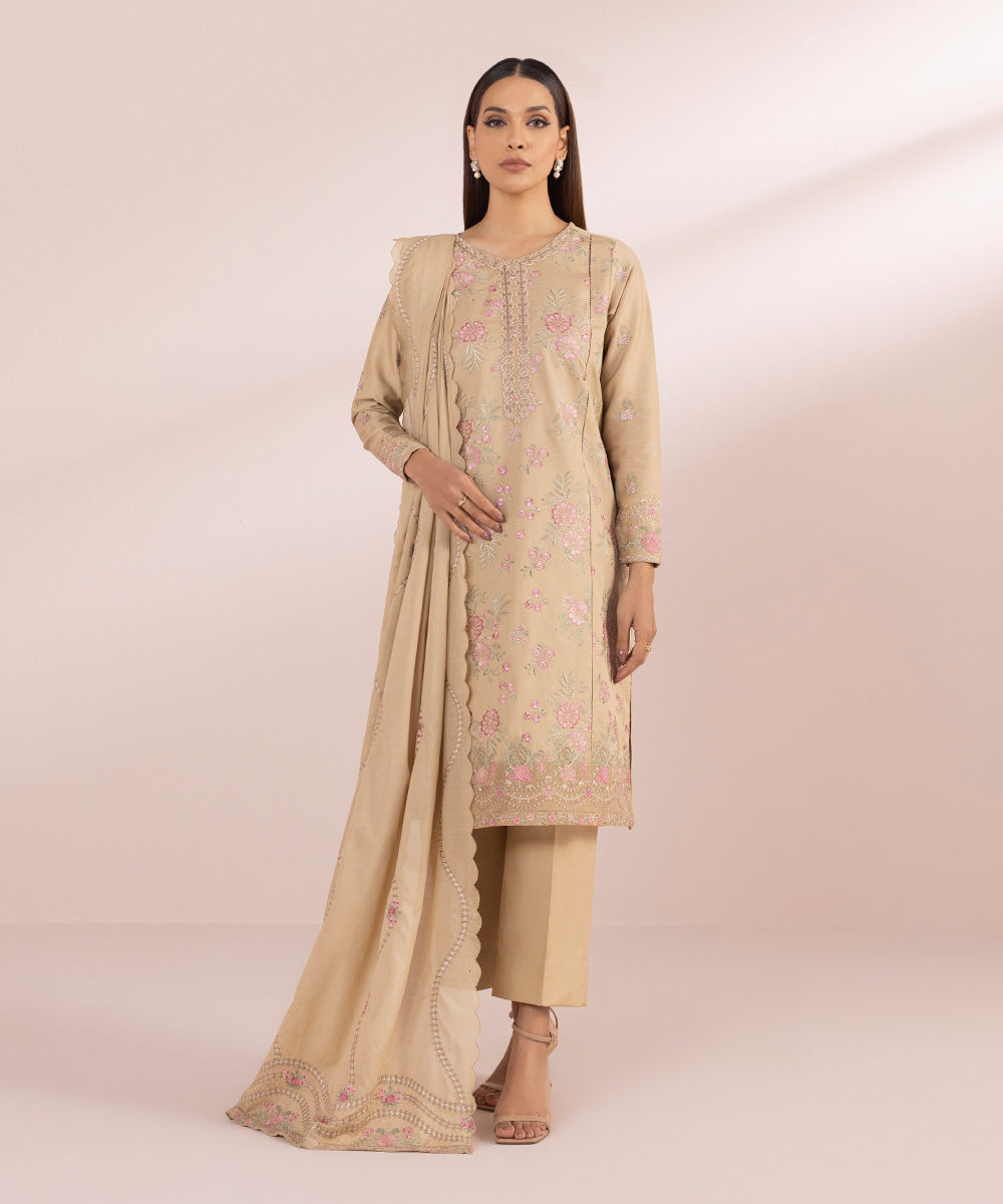 Women's Unstitched Lawn Embroidered beige 3 Piece Suit