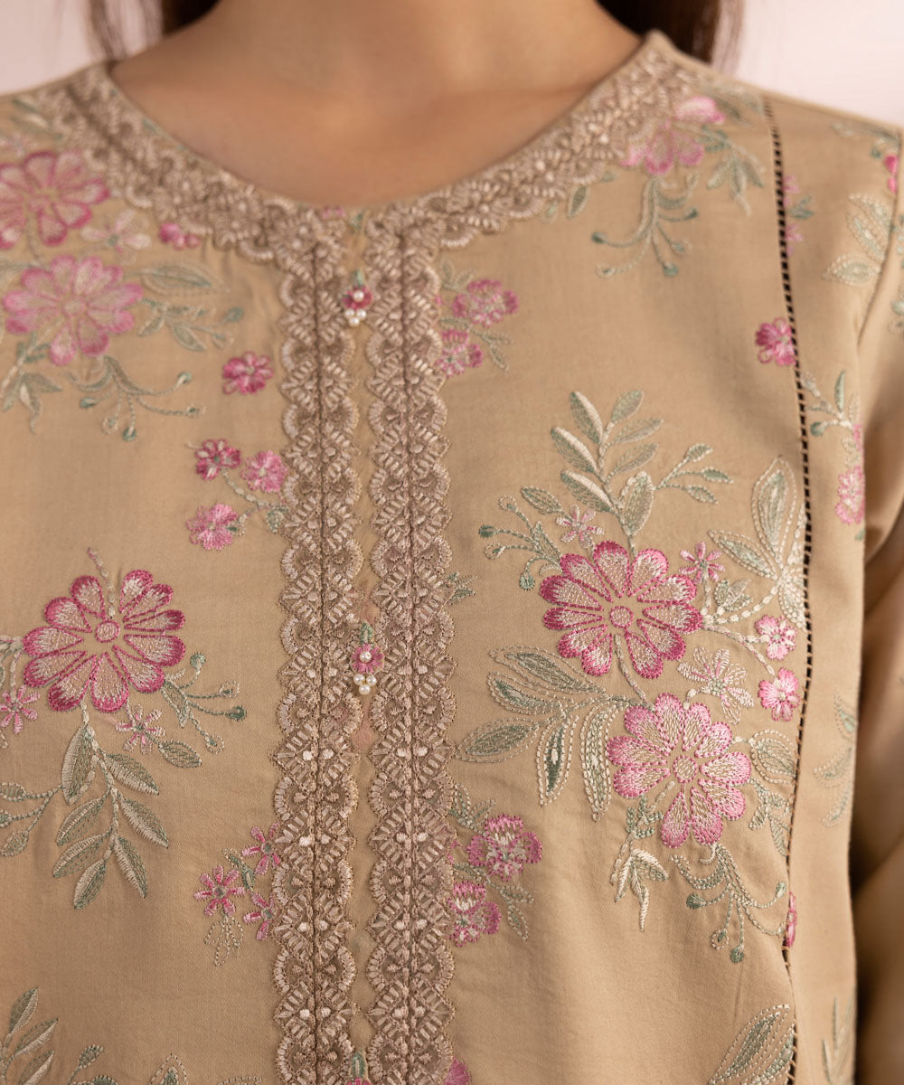 Women's Unstitched Lawn Embroidered beige 3 Piece Suit