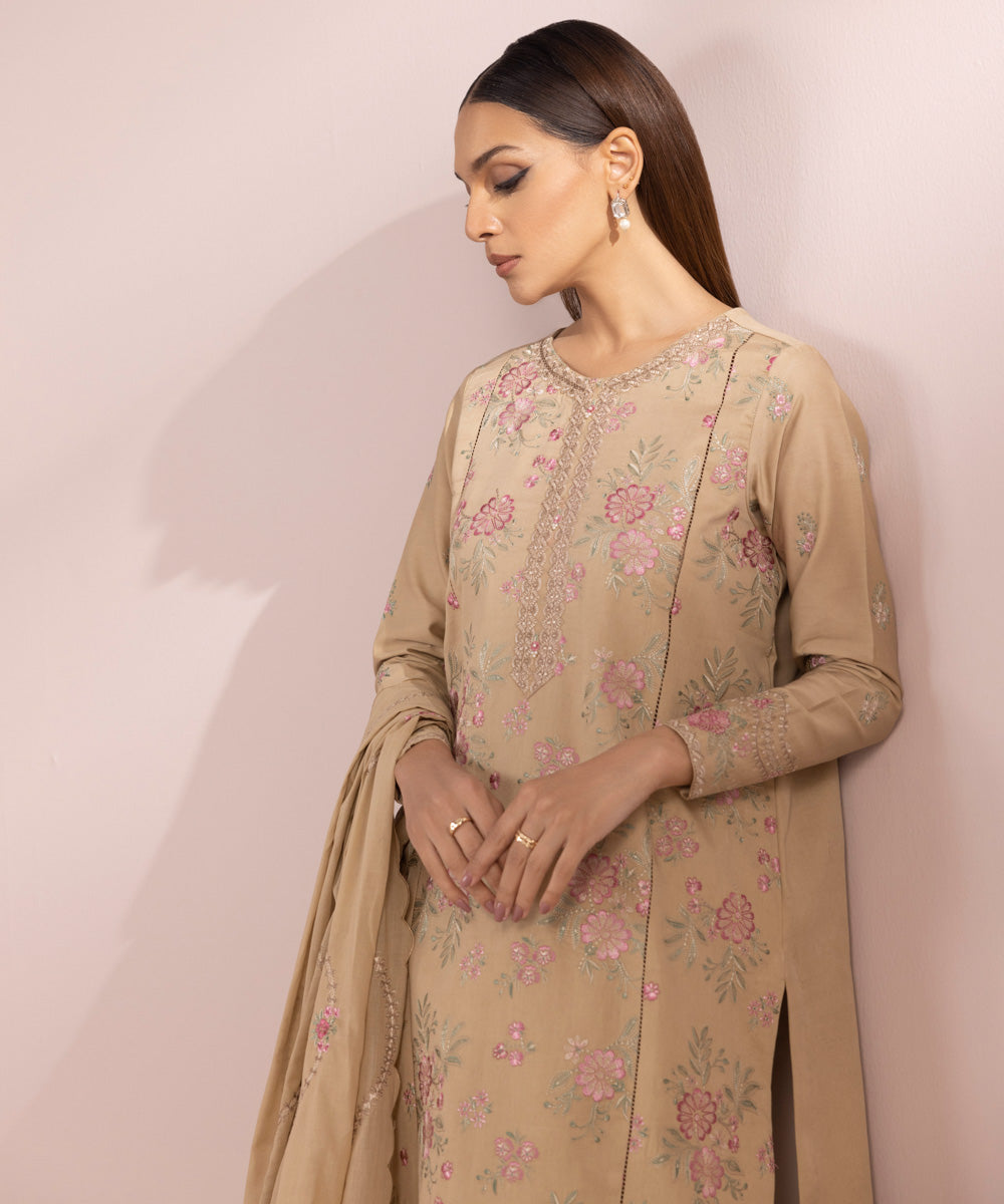 Women's Unstitched Lawn Embroidered beige 3 Piece Suit